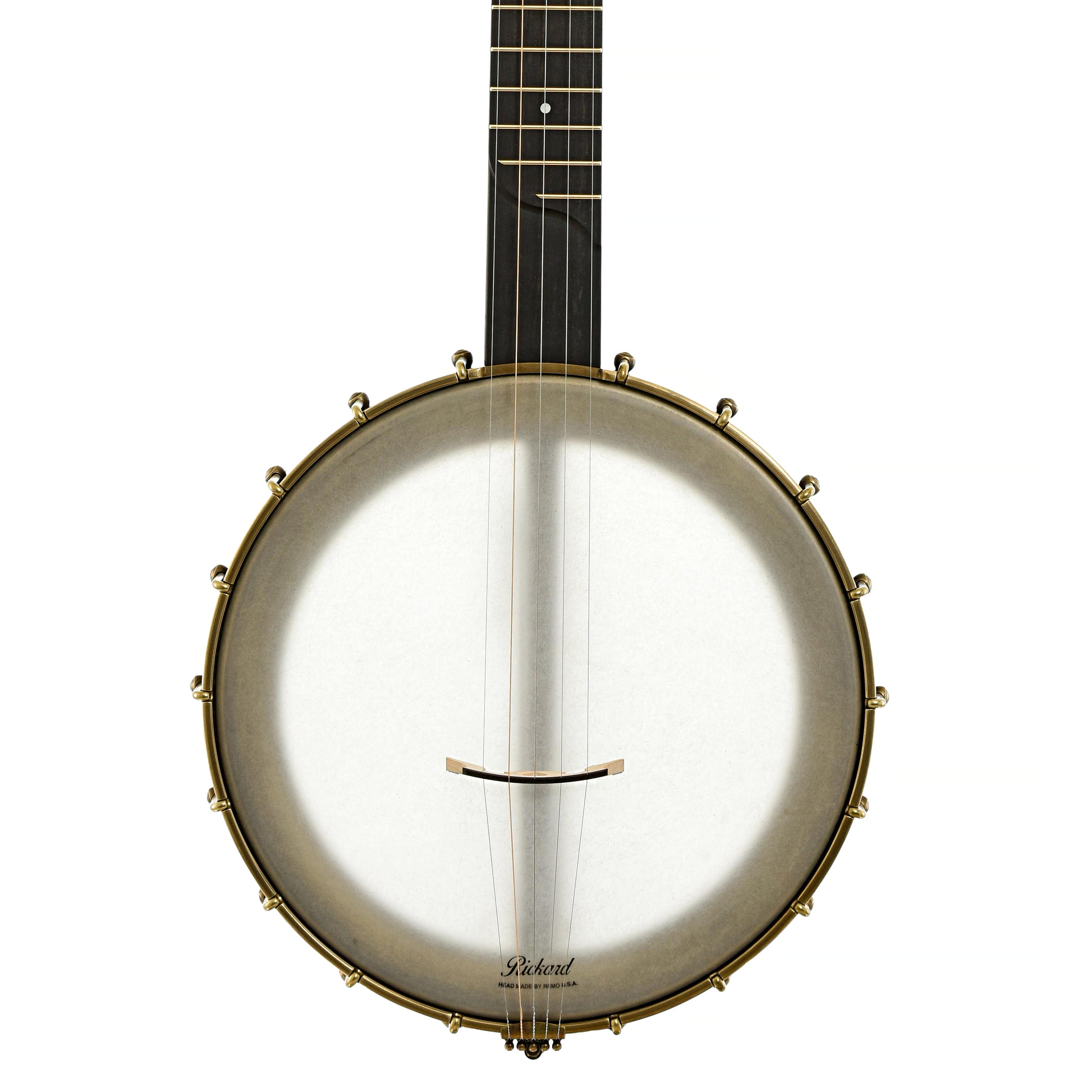 Front of Rickard 11" Walnut Dobson Openback Banjo & Case with Cyclone Tuners