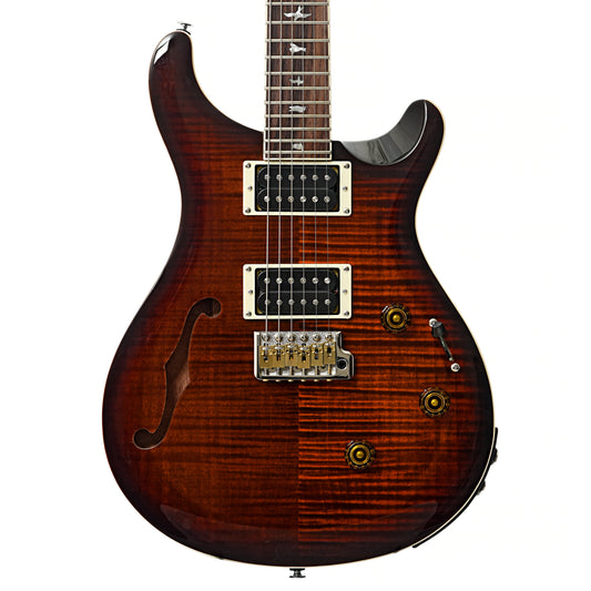 Front of PRS SE Custom 24 Semi-Hollow Piezo Orange Tiger Smokeburst Electric Guitar