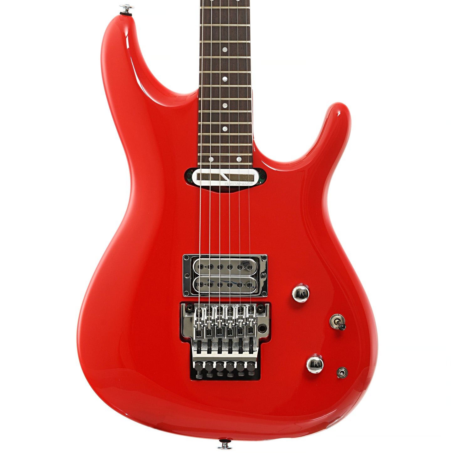 Front of Ibanez Joe Satriani Signature JS2480 Electric Guitar, Muscle Car Red