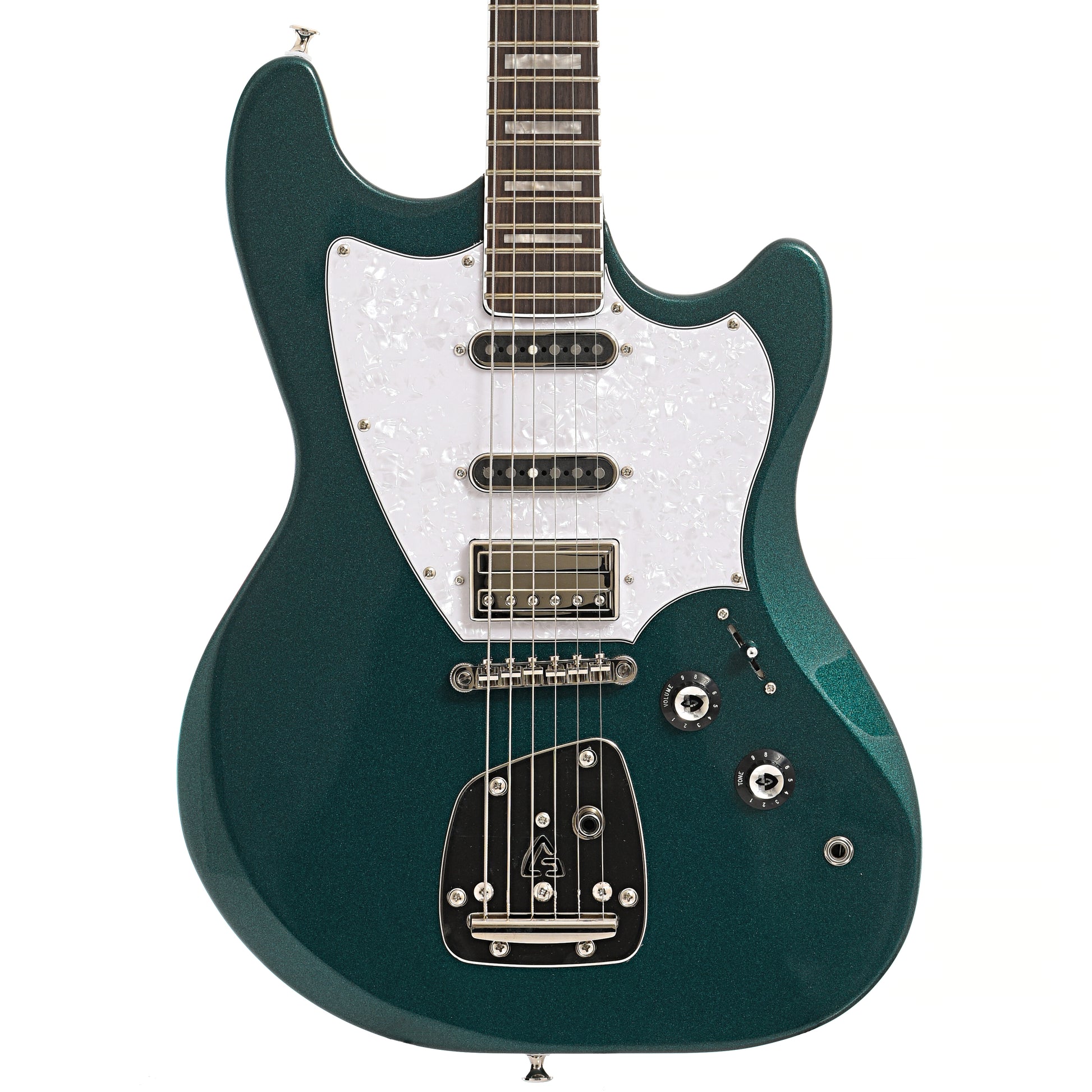 Front of Guild Surfliner Deluxe Electric Guitar, Evergreen Metallic