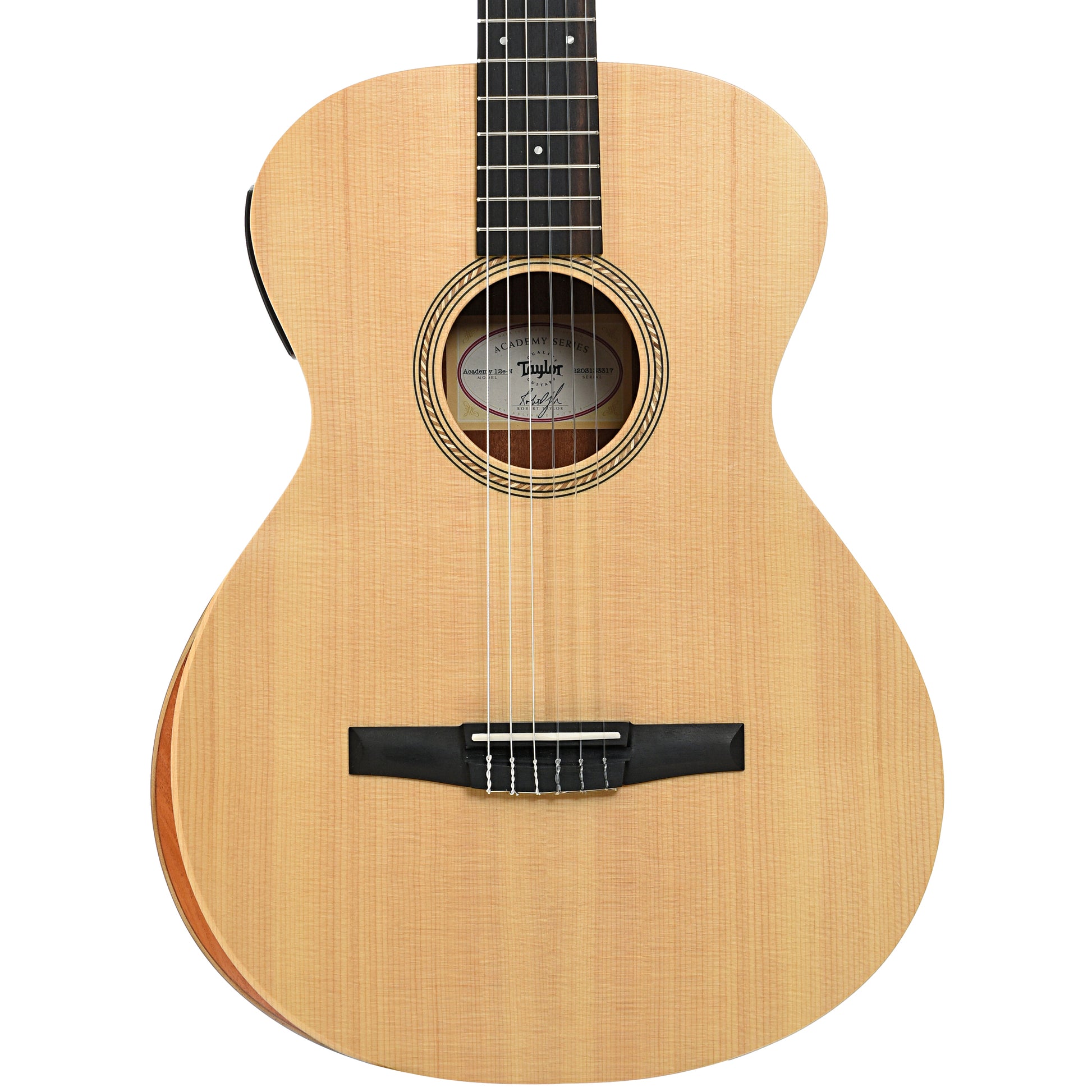 front of Taylor Academy 12E-N Nylon String Acoustic Guitar (2023)