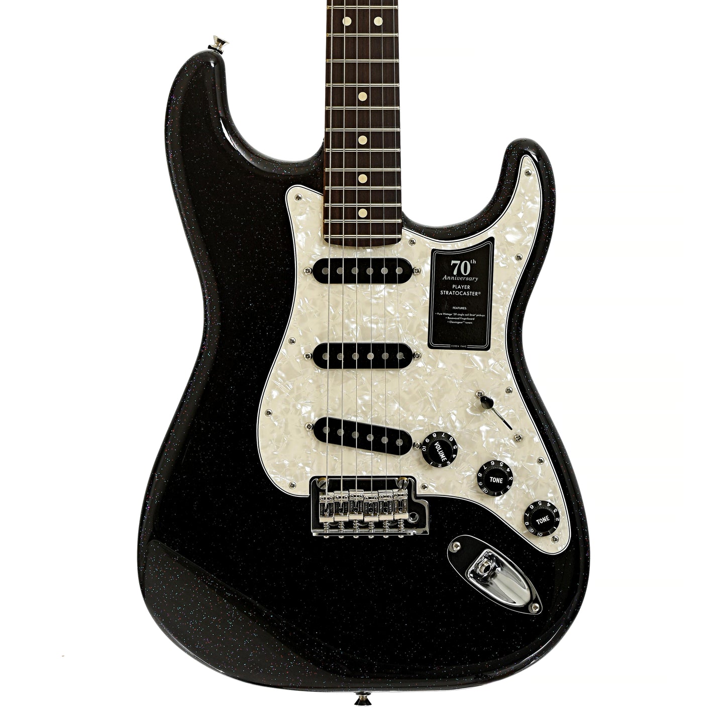 Front of Fender 70th Anniversary Player Stratocaster, Nebula Noir