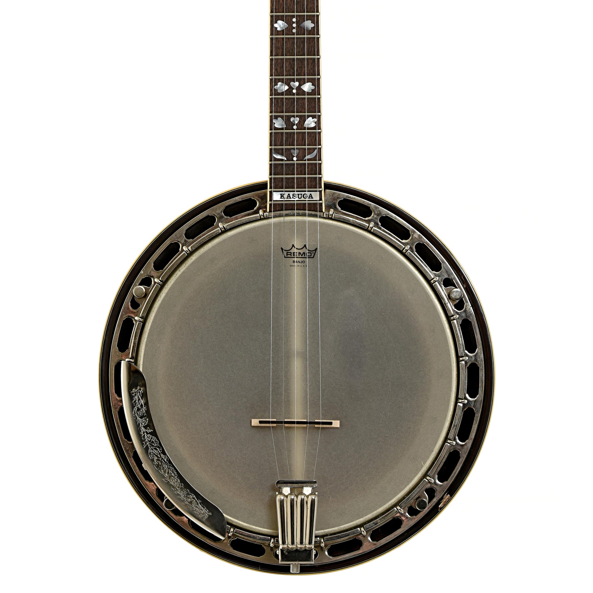 Front of Conrad-Kasuga Hearts & Flowers Resonator Banjo