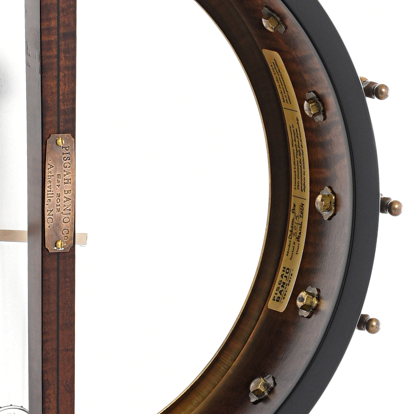 Inside rim of Pisgah Banjo Co. 12" Dobson Professional, Short scale