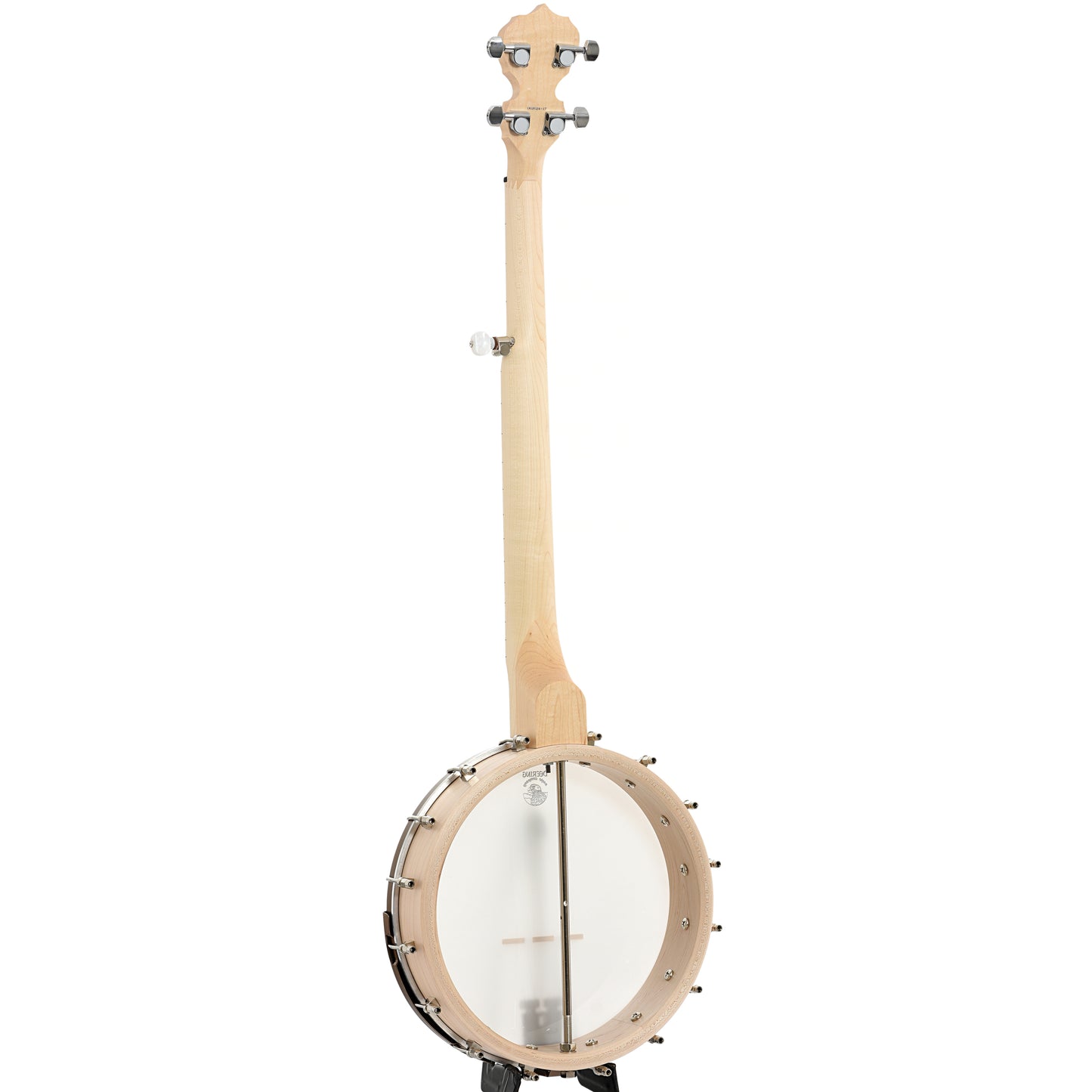 Full back and side of Deering Lefthanded Goodtime Deco Openback Banjo with Scooped Fretboard