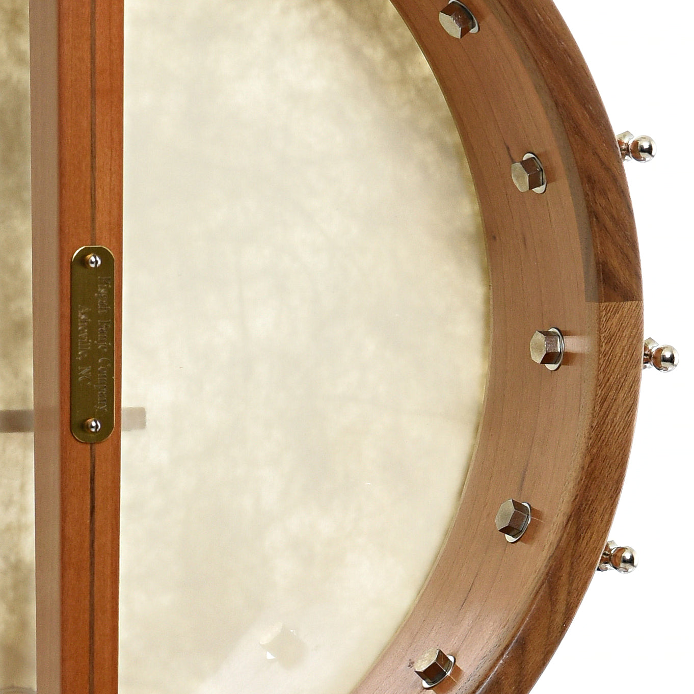 Inside rim of Pisgah Possum Cherry 12" Open Back Banjo (c.2014)