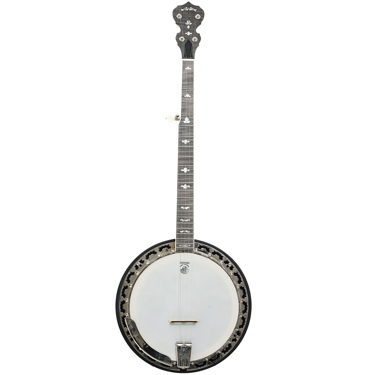 Full front of Deering White Lotus Resonator Banjo (2021)