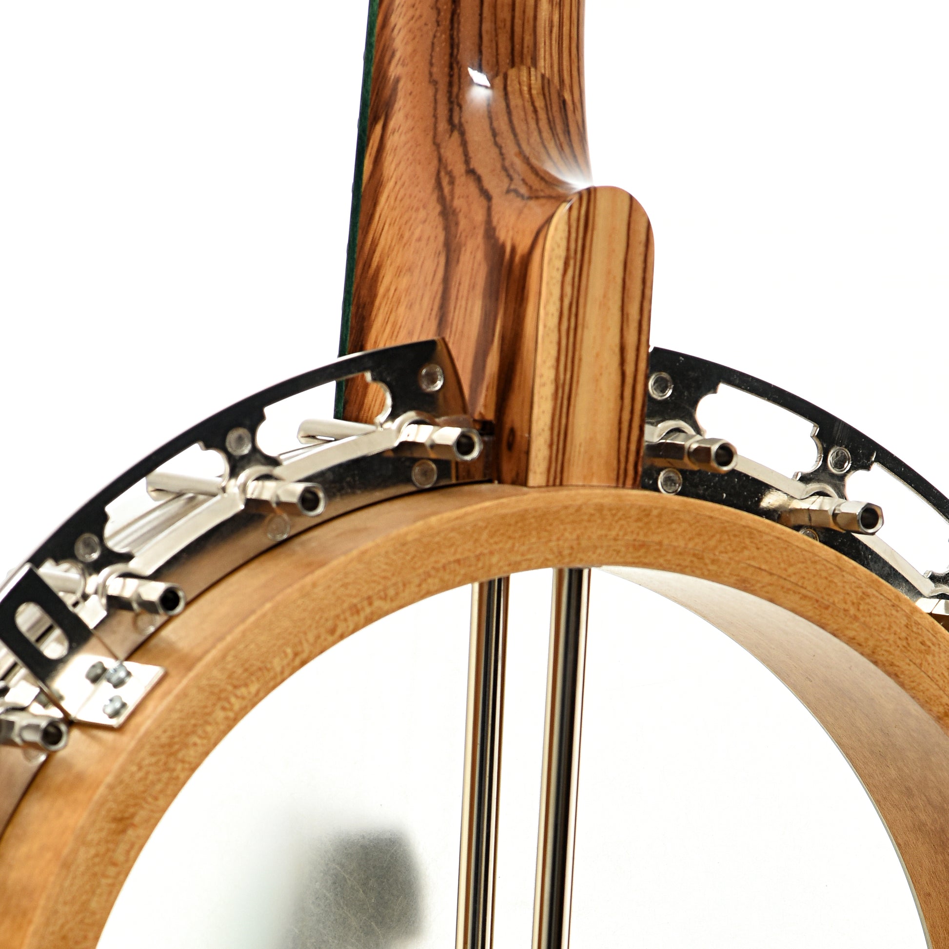 Rear neck joint and flange of Bishline Custom Zebrawood Resonator Banjo