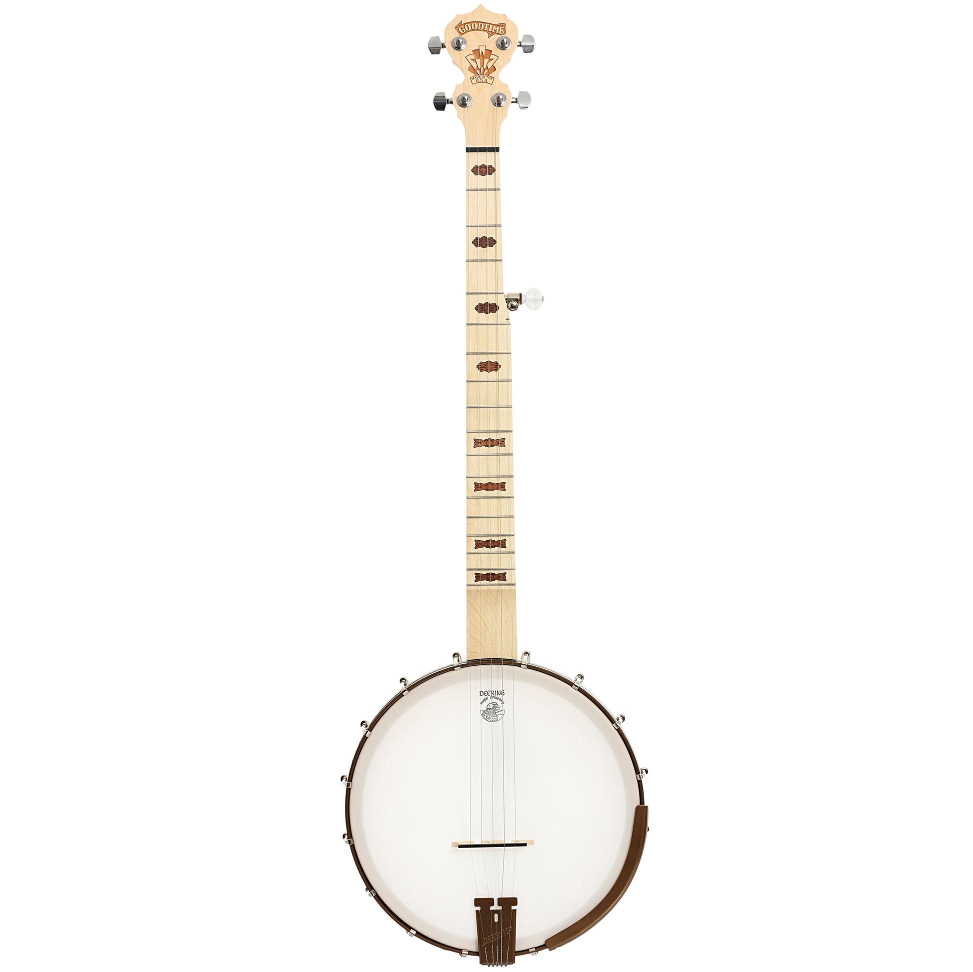 Full front of Deering Lefthanded Goodtime Deco Openback Banjo with Scooped Fretboard