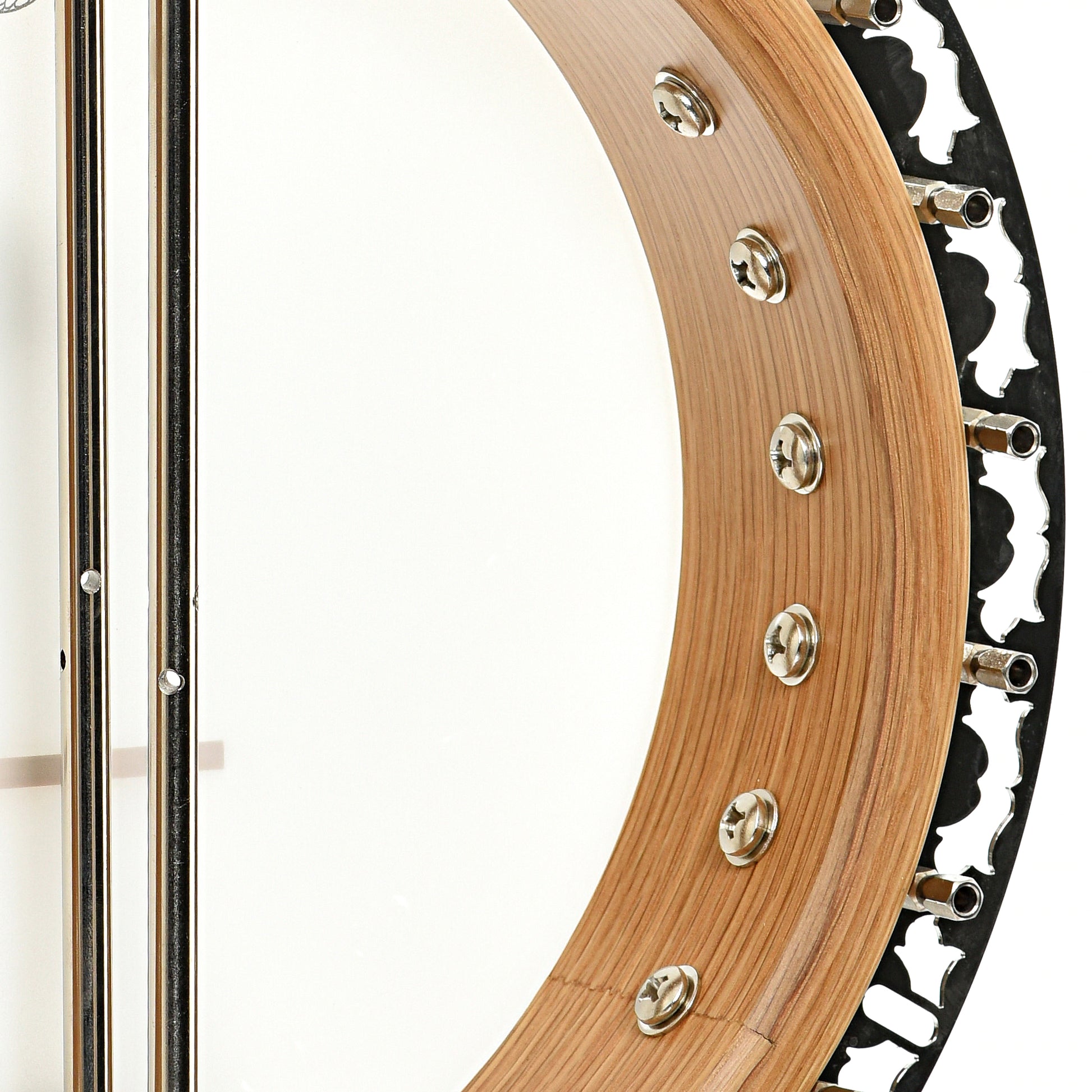 Inside rim of Deering White Lotus Resonator Banjo (2021)