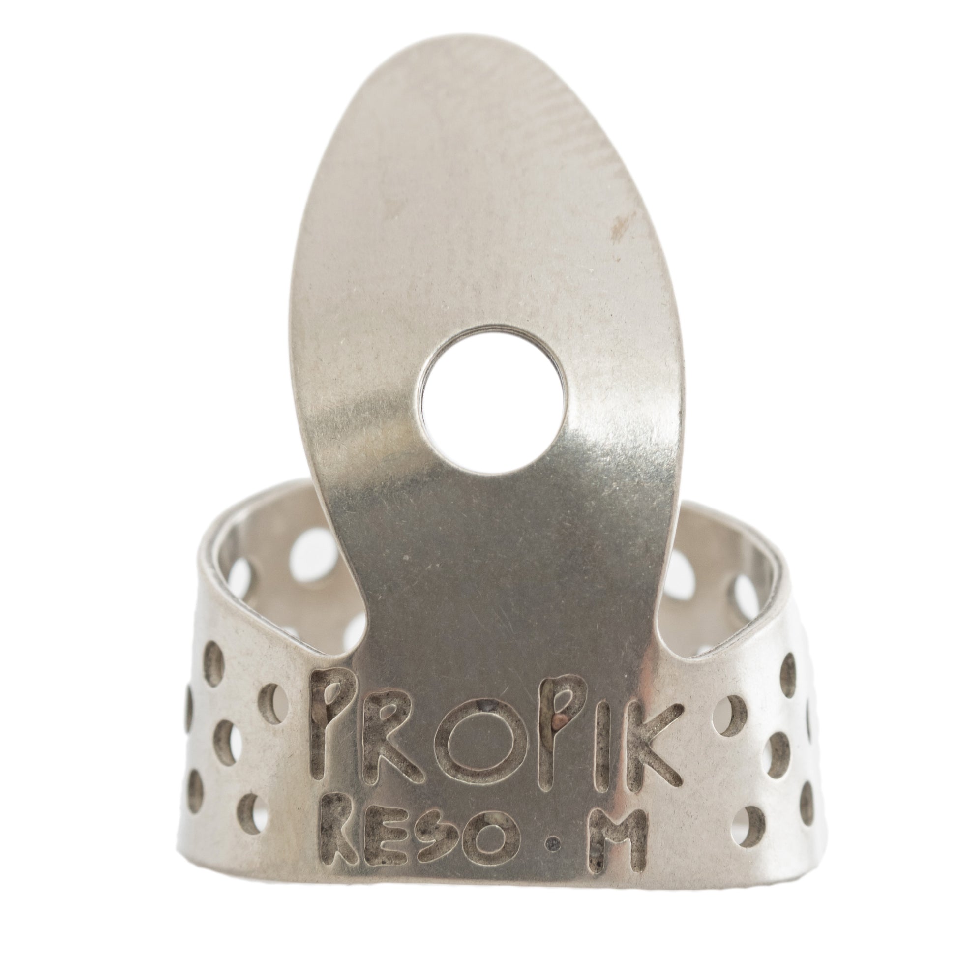 Front of Propik Nickel Resophonic Guitar Fingerpick, Single Wrap