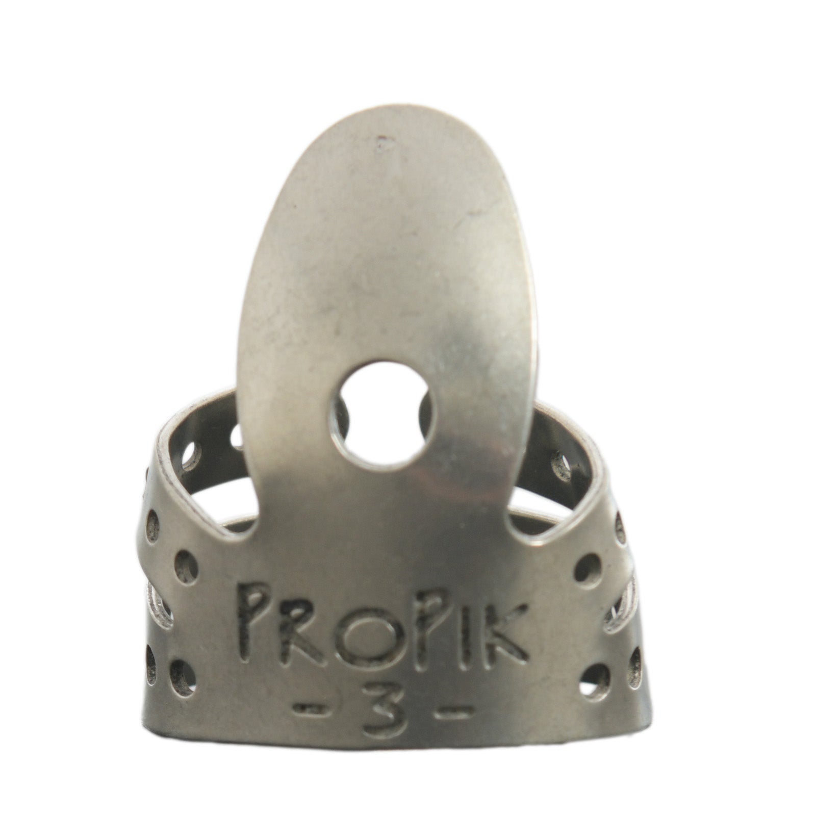 Front of Propik Nickel Straight Fingerpick, Split Wrap, Blade 3