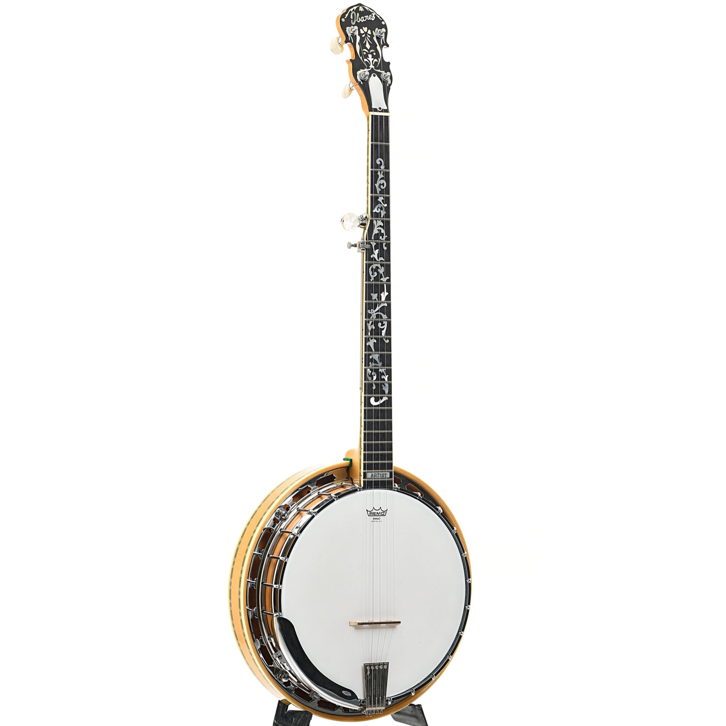 Full front and side of Ibanez Artist "Tree of Life" Blonde Resonator Banjo (c.1977)