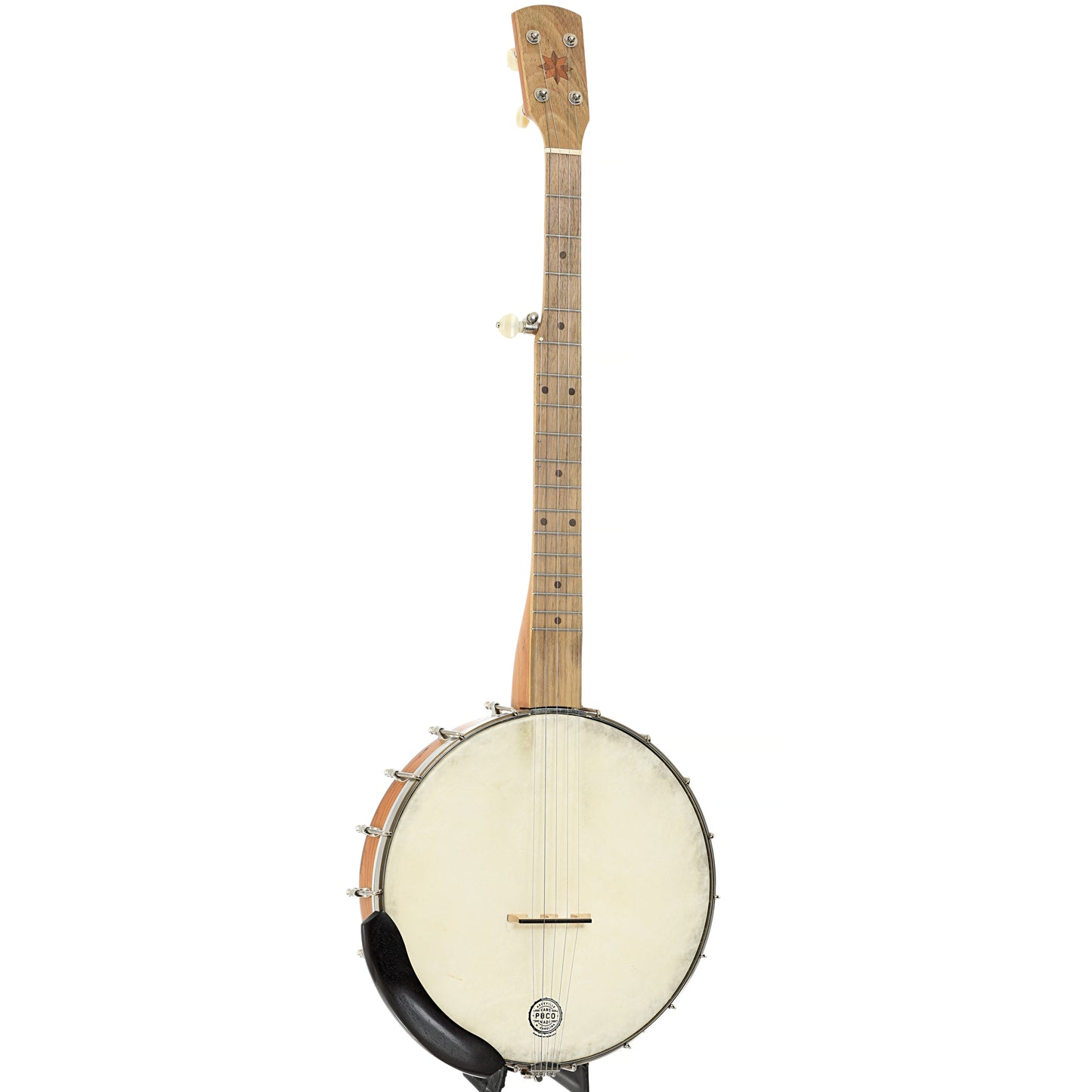 Full front and side of Pisgah Possum Cherry 12" Open Back Banjo (c.2014)