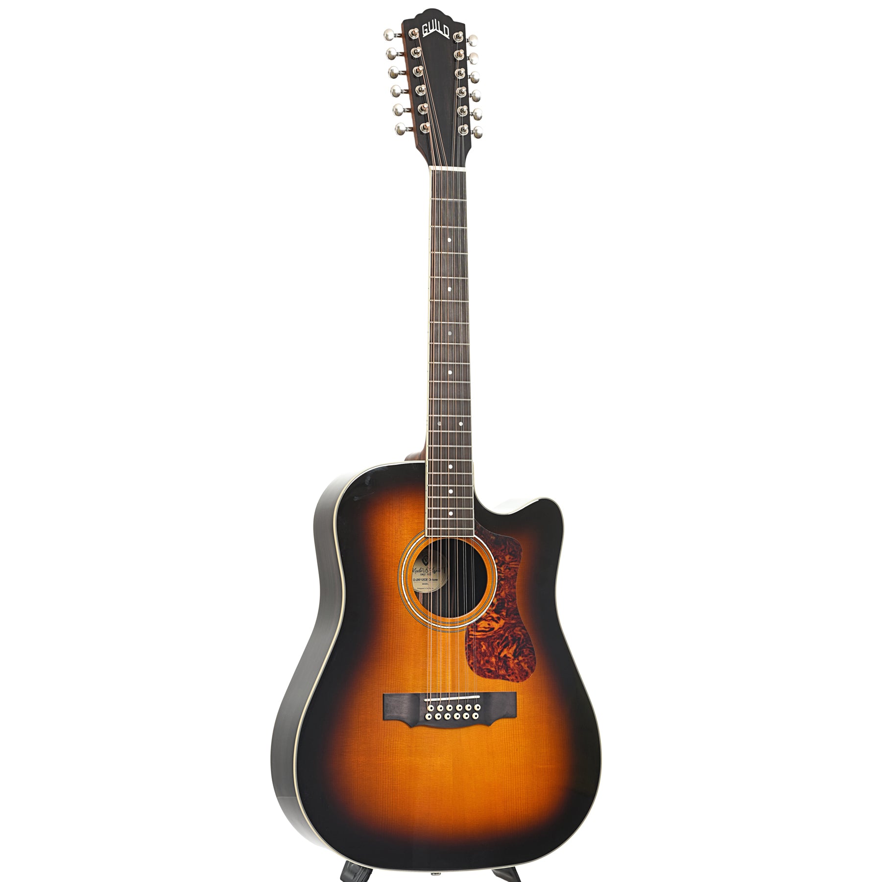 Full front and side of Guild Archback D-2612CE Deluxe 12-String Guitar, Antique Sunburst Finish