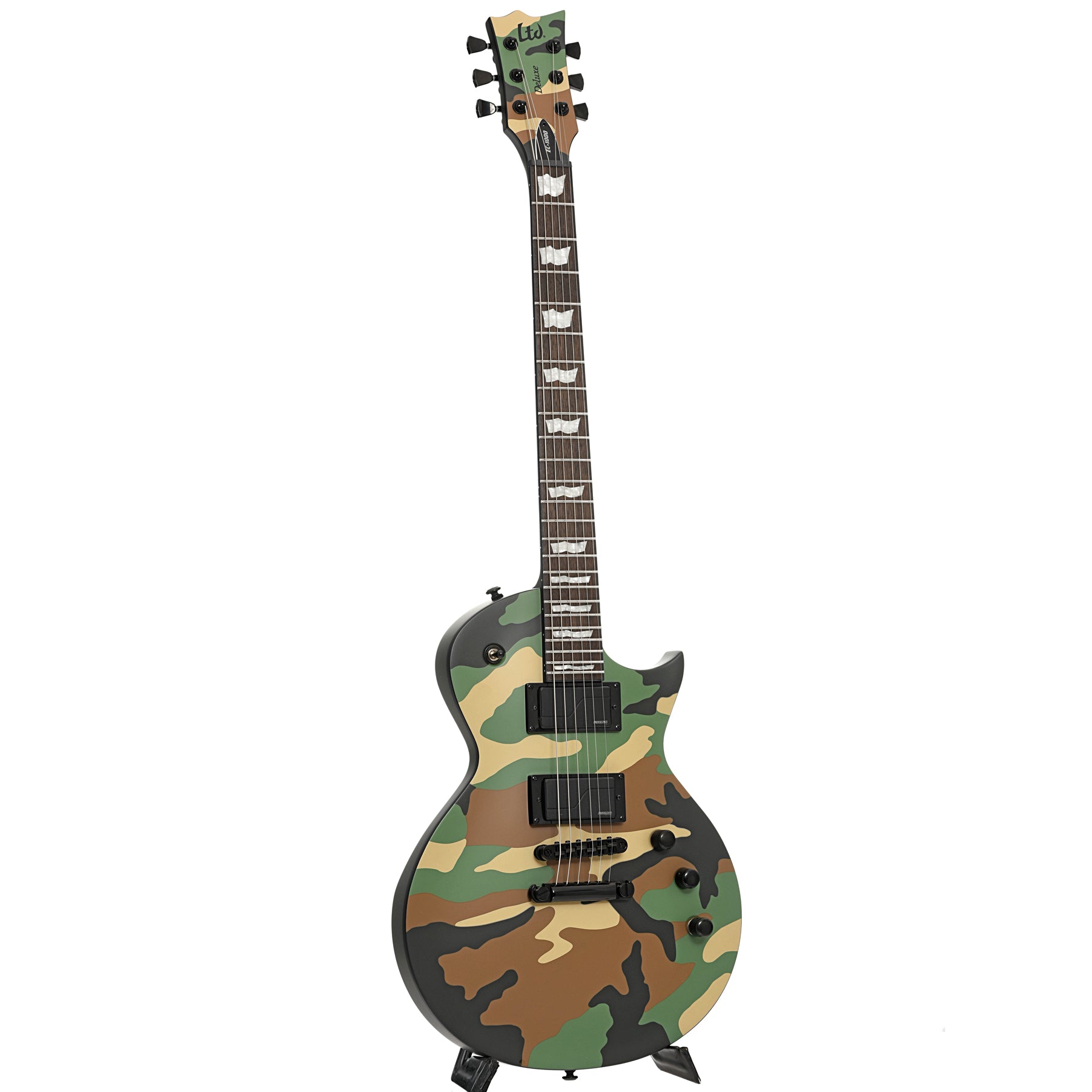 Full front and side of ESP LTD EC-1000 Electric Guitar, Woodland Camo Satin