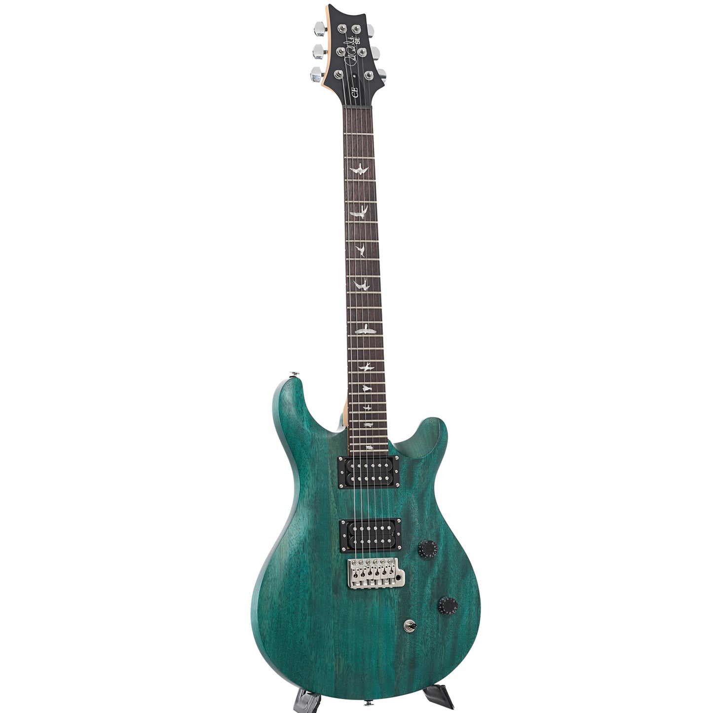 Full front and side of PRS SE CE24 Standard Satin Electric Guitar, Turquoise