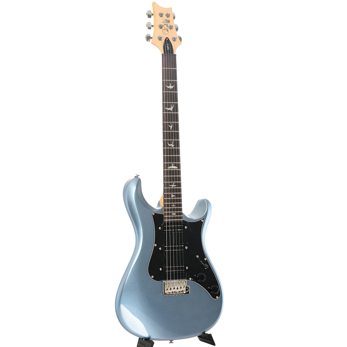 Full front and side of PRS SE NF3 Electric Guitar, Rosewood, Ice Blue Metallic