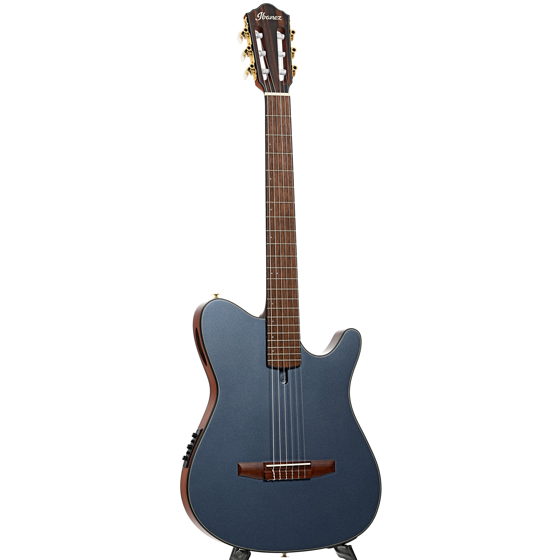 Full front and side of Ibanez FRH10N Acoustic-Electric Nylon String Guitar, Indigo Blue Metallic Flat