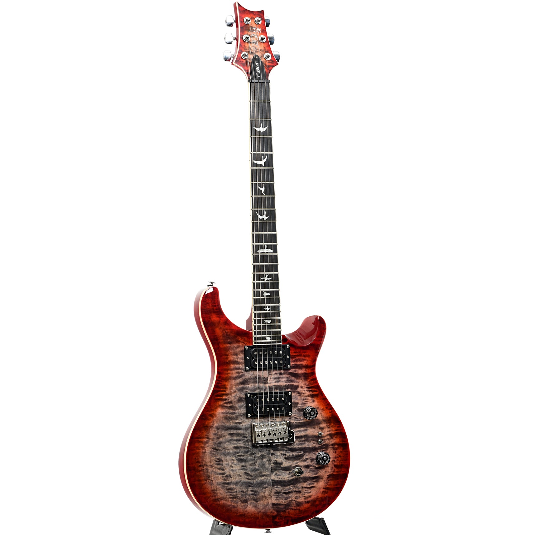 Full front and side of PRS SE Custom 24-08 Quilt Top Charcoal Cherry Burst Electric Guitar