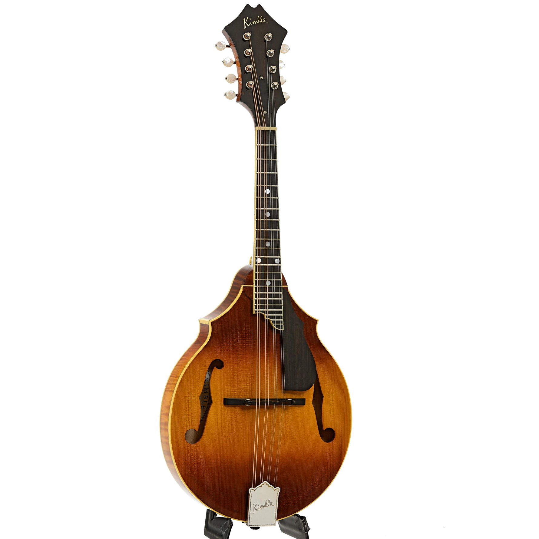 Full front and side of Kimble Two-Point Mandolin