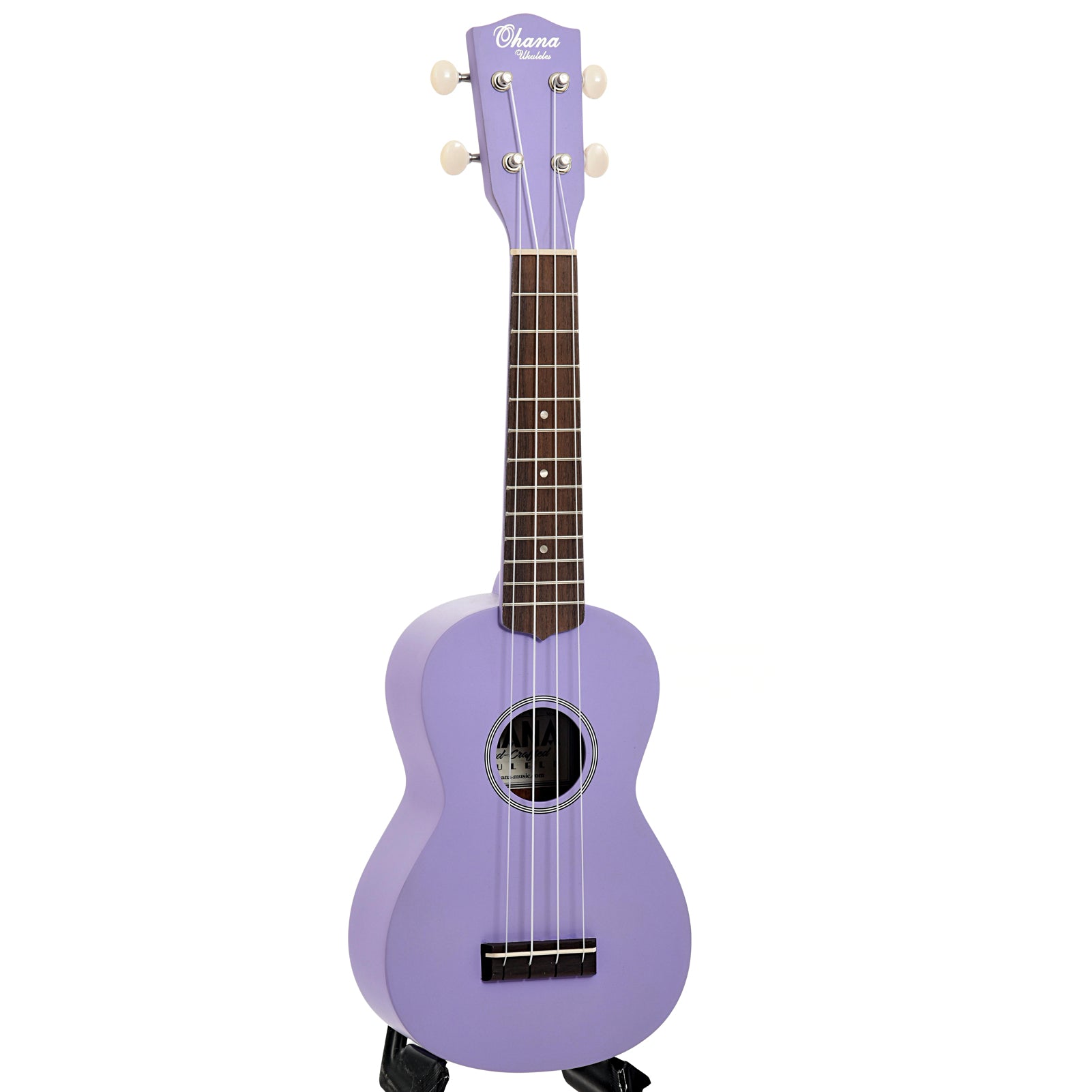 Full front and side of Ohana SK-10 Soprano Ukulele, Purple