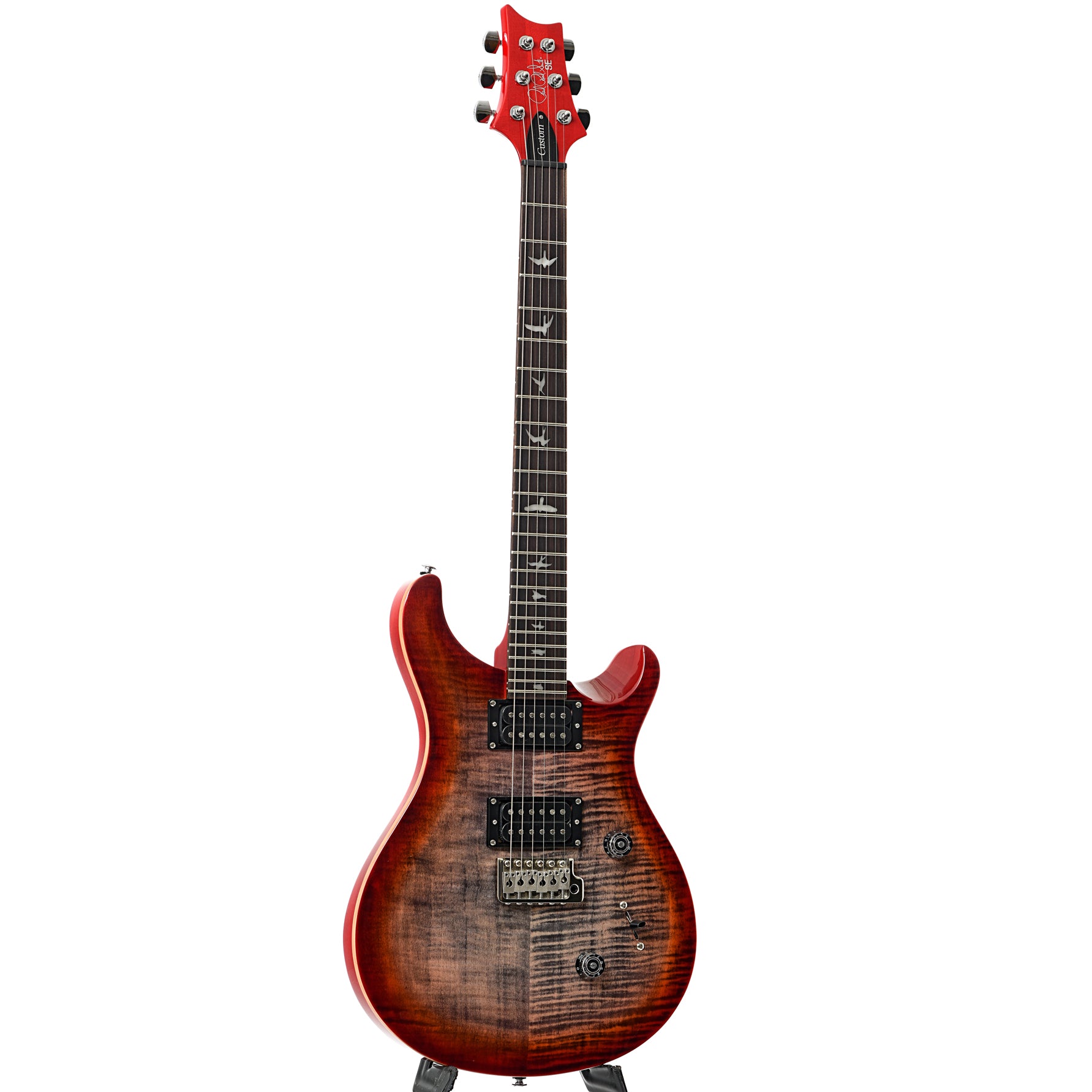 Full front and side of PRS SE Custom 24 Electric Guitar, Charcoal Cherry Burst