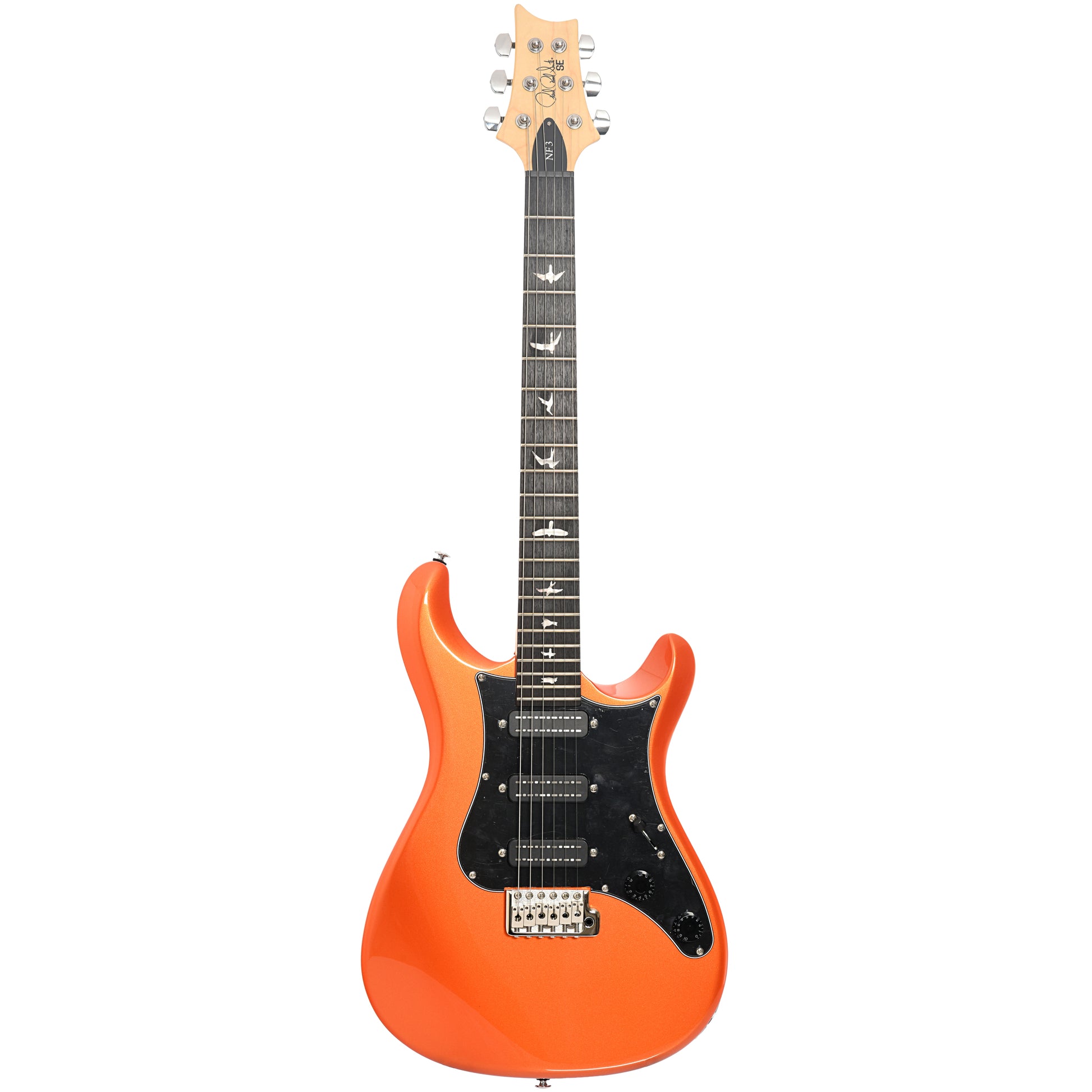 Full front of PRS SE NF3 Electric Guitar, Rosewood, Metallic Orange