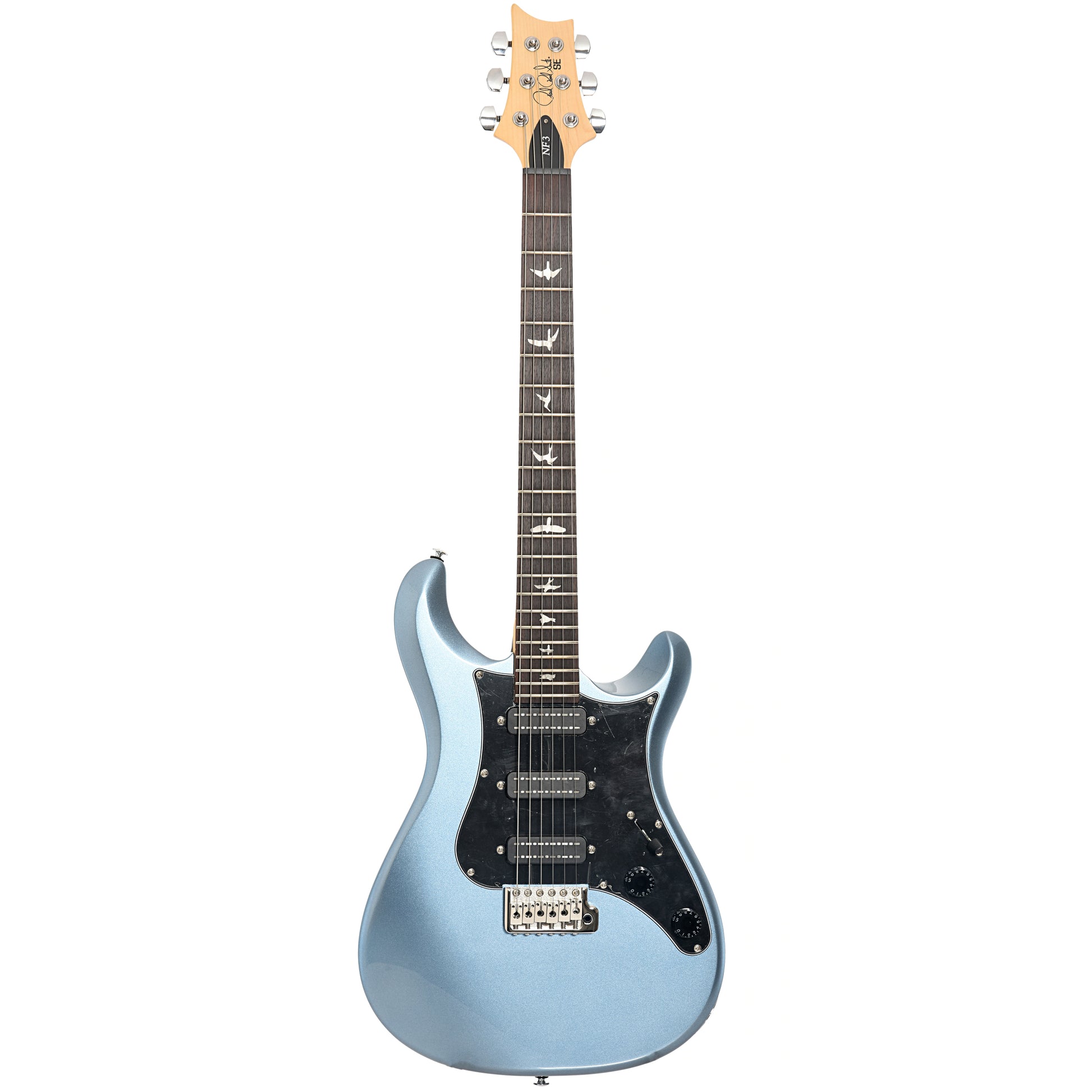 Full front of PRS SE NF3 Electric Guitar, Rosewood, Ice Blue Metallic