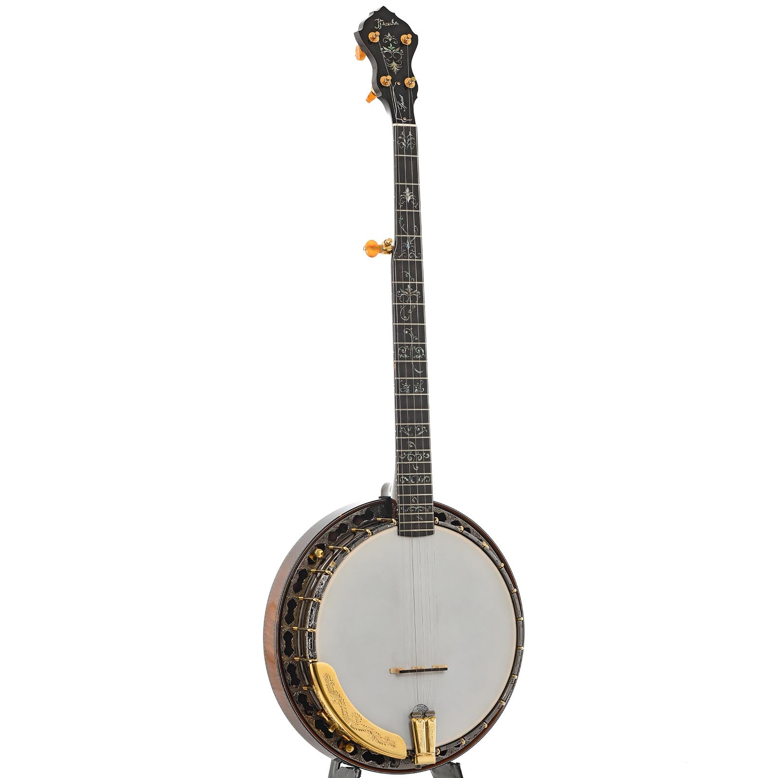 Full front and side of Prucha Spirit 24 Custom Presentation Resonator Banjo (2014)