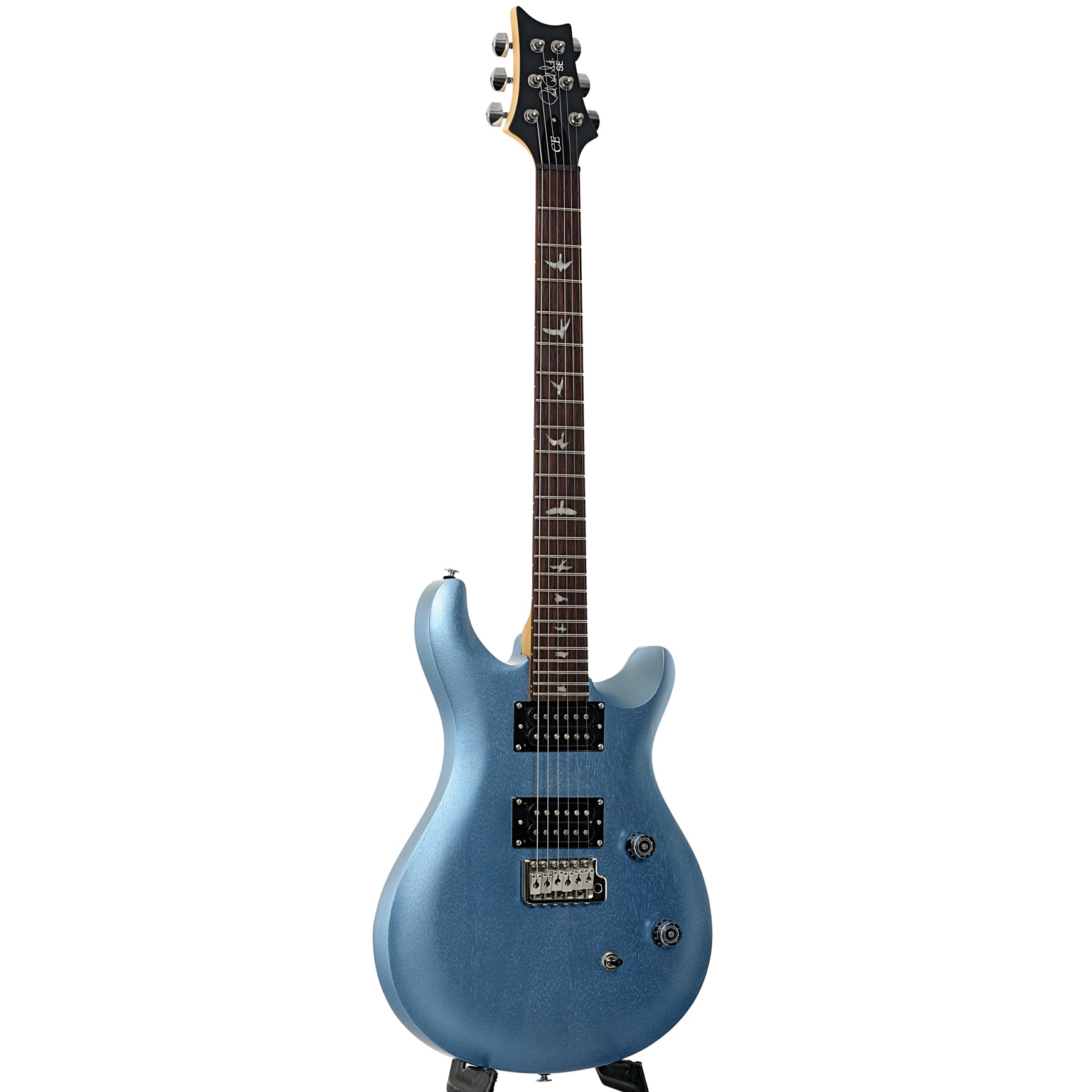 Full front and side of PRS SE CE24 Standard Satin Electric Guitar, Ice Blue Metallic