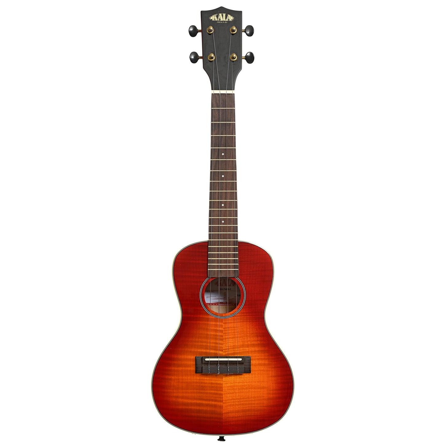 Full front of Kala KA-FMCB-C Gloss Flame Maple Cherry Burst Concert