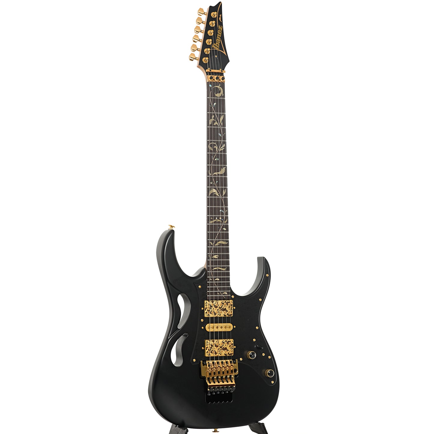 Full front and side of Ibanez Steve Vai Signature PIA3761 Electric Guitar, Onyx Black