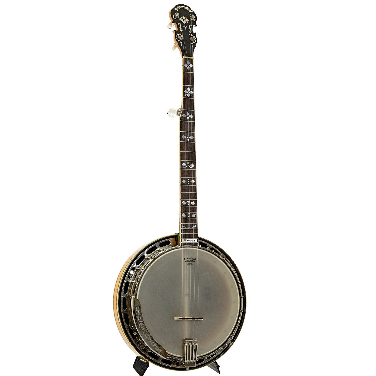 Full front and side of Conrad-Kasuga Hearts & Flowers Resonator Banjo