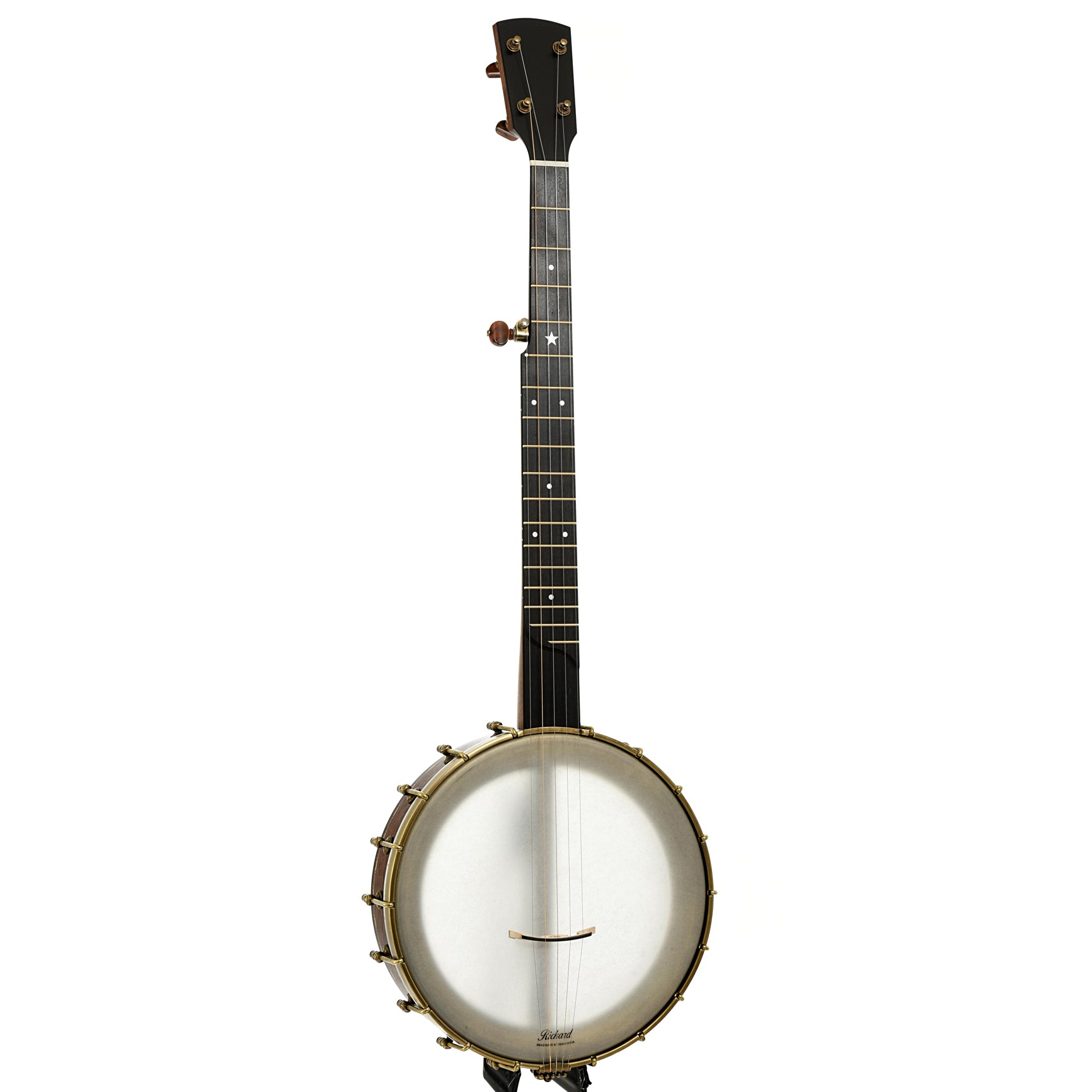 Full front and side of Rickard 11" Walnut Dobson Openback Banjo & Case with Cyclone Tuners