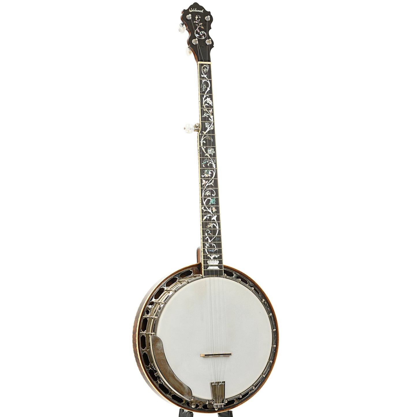 Full front and side of Wildwood Sololist Custom Resonator Banjo (c.2008)