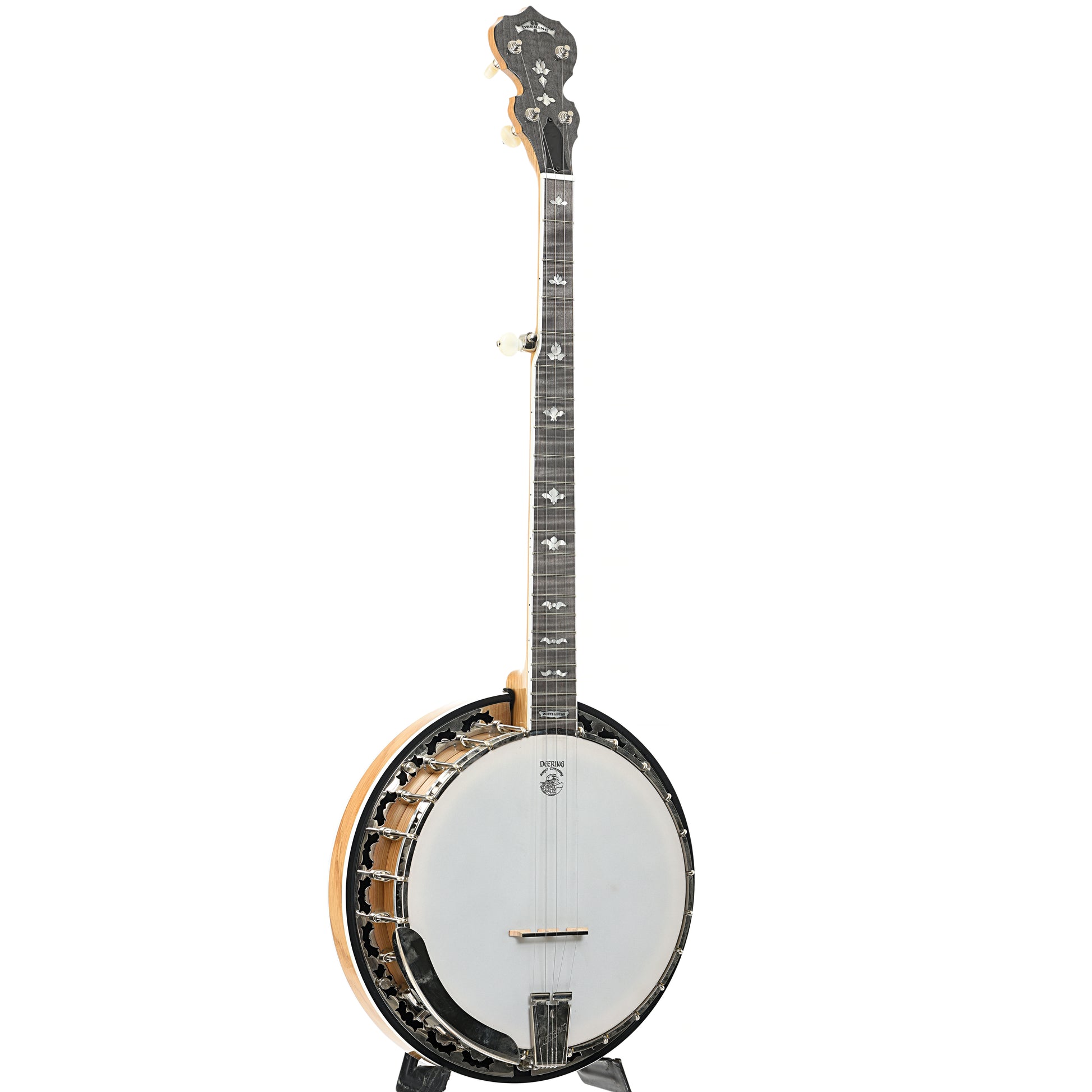 Full front and side of Deering White Lotus Resonator Banjo (2021)