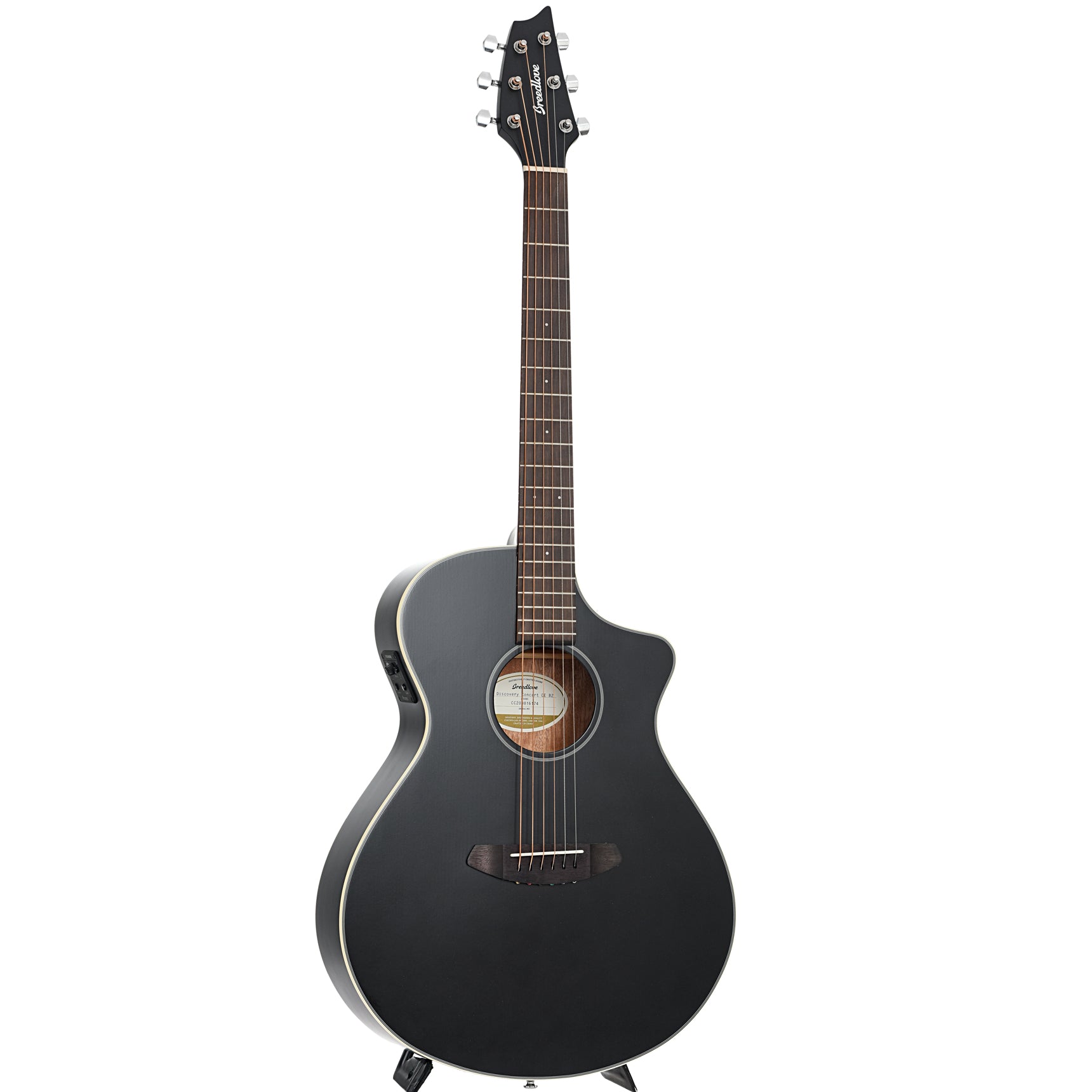 Full front and side of Breedlove Discovery Concert Satin Black CE Sitka-Mahogany Acoustic-Electric Guitar 