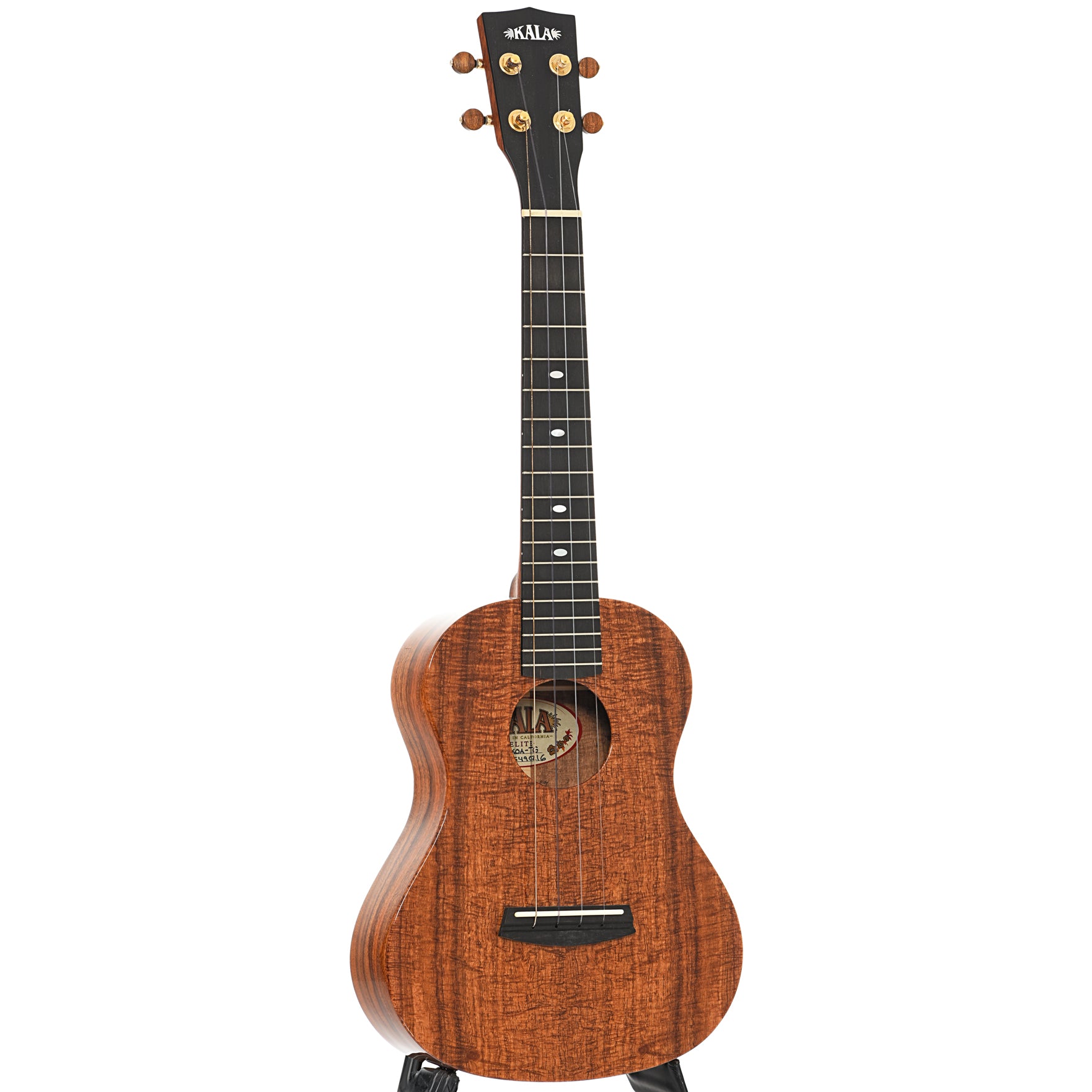 Full front and side of Kala Elite Koa 3 Tenor Ukulele, Gloss Finish with Case (2020)