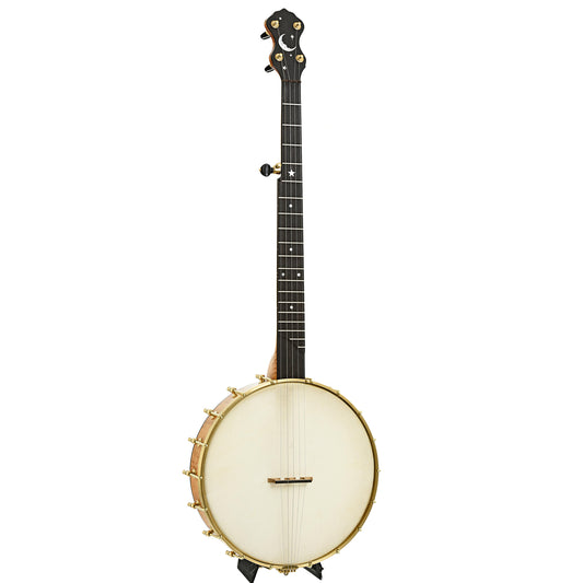 Full front and side of Ozark Banjo Co Man in the Moon Openback Banjo, Maple, 12" Rim, Whyte Laydie