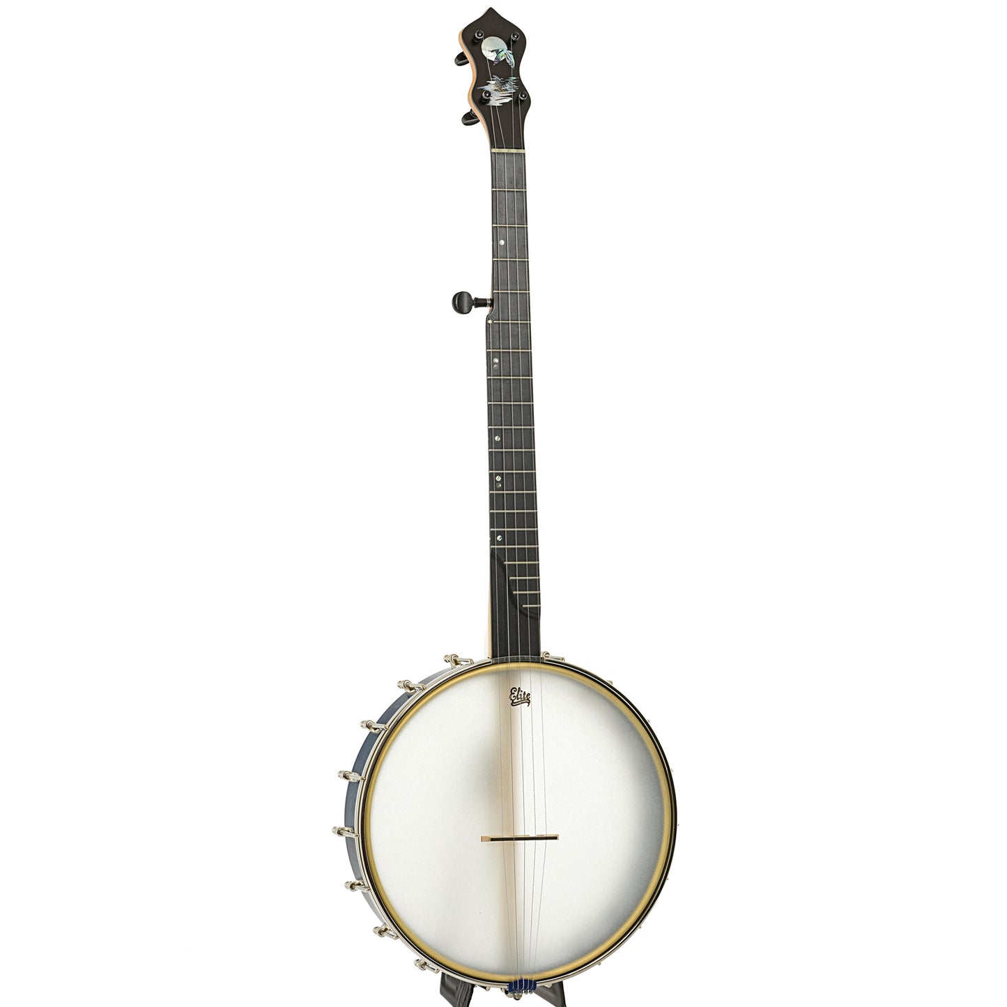 Full front and side of Chuck Lee Prairieville Openback Banjo #861, 12" Rim, Brass Hoop Tone Ring