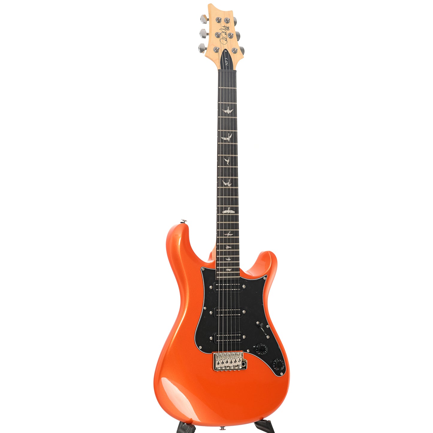 Full front and side of PRS SE NF3 Electric Guitar, Rosewood, Metallic Orange