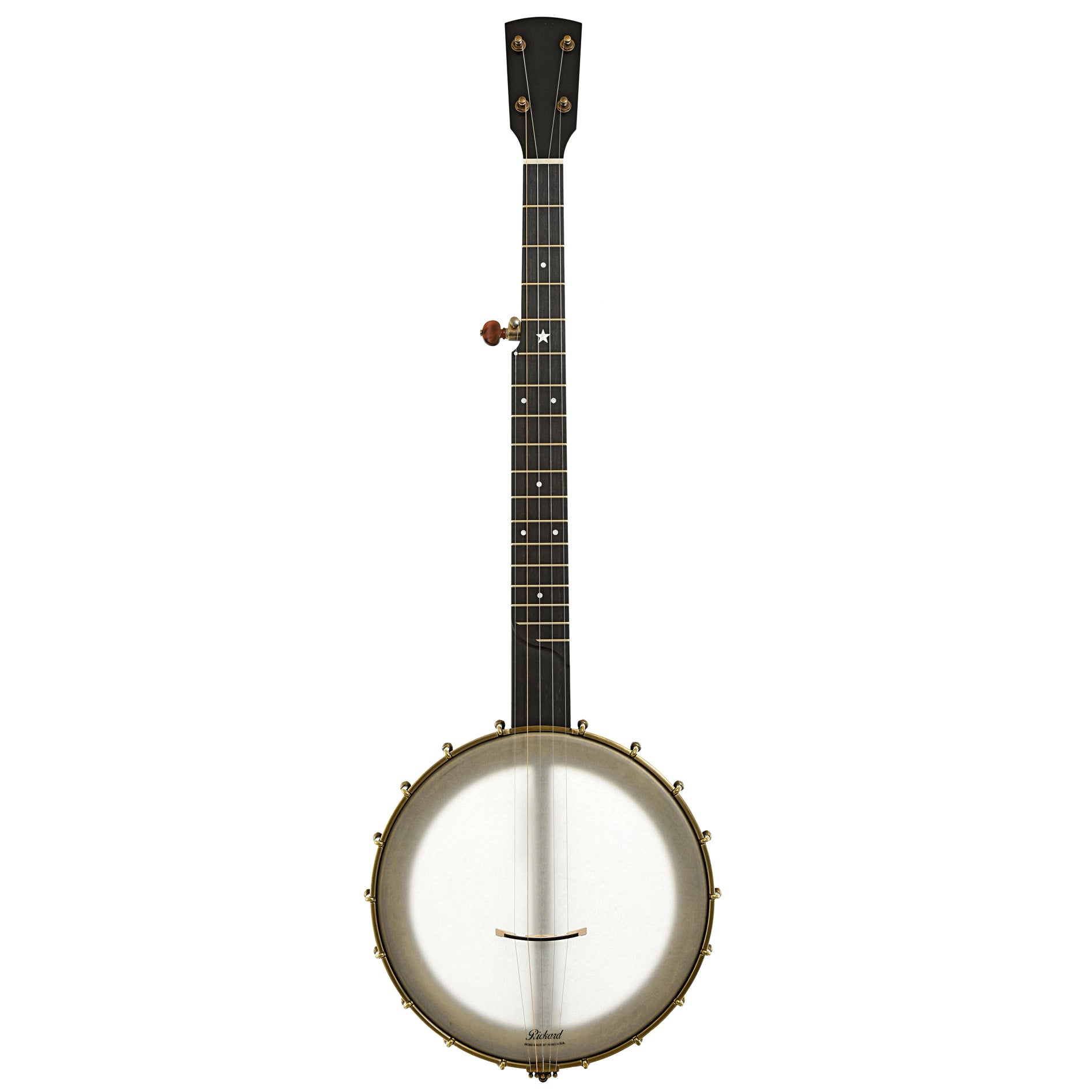 Full front of Rickard 11" Walnut Dobson Openback Banjo & Case with Cyclone Tuners