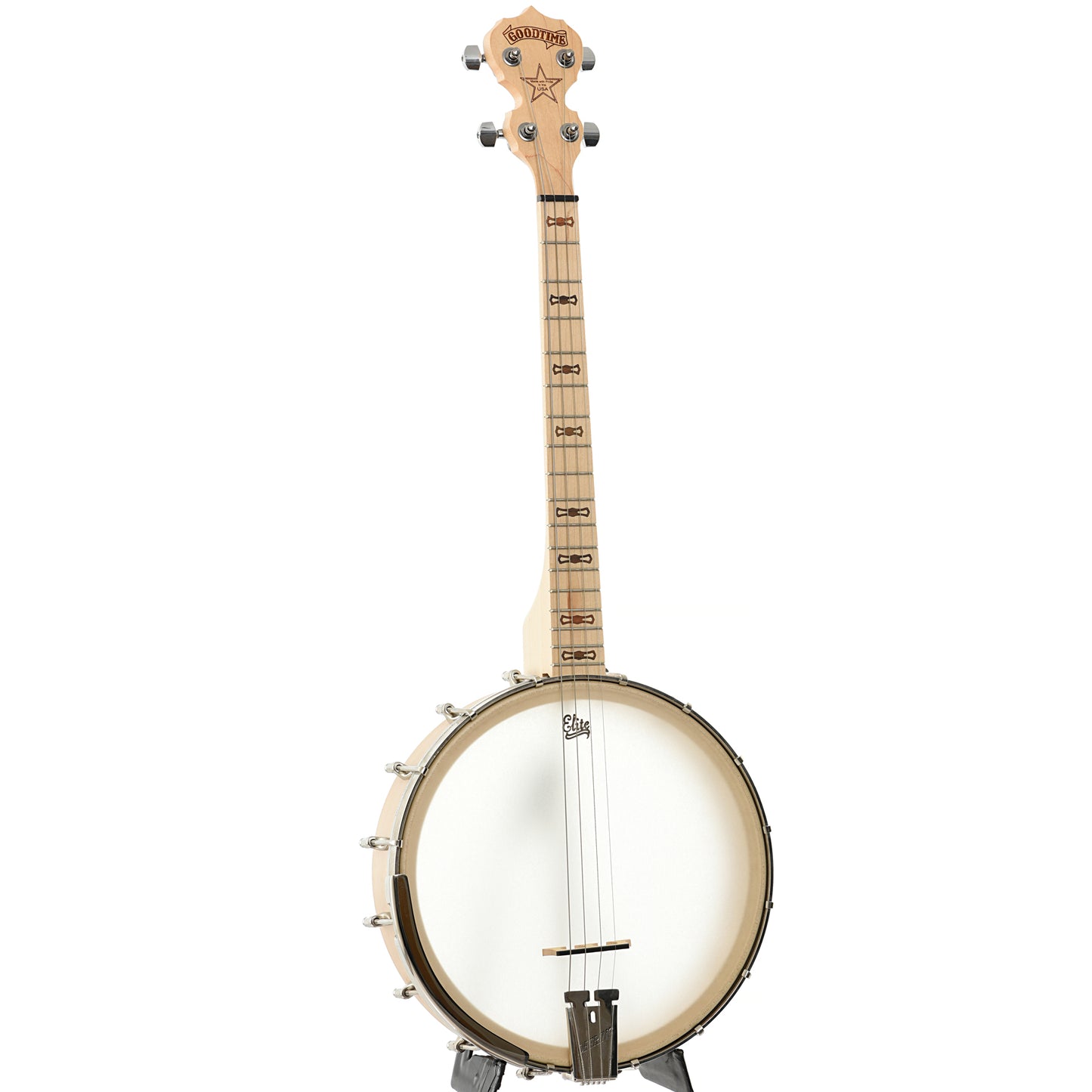 Full front and side of Deering Goodtime 17-Fret Tenor Banjo (2010s)