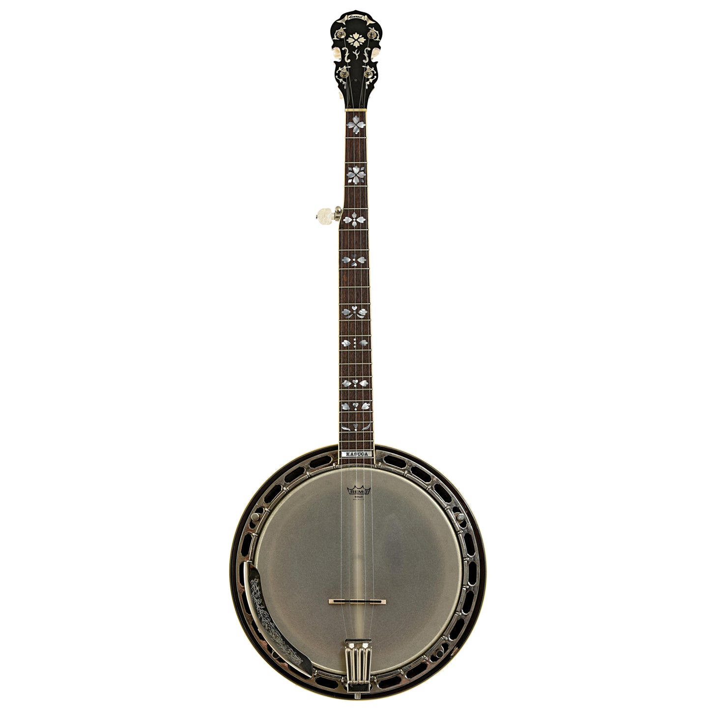 Full front of Conrad-Kasuga Hearts & Flowers Resonator Banjo