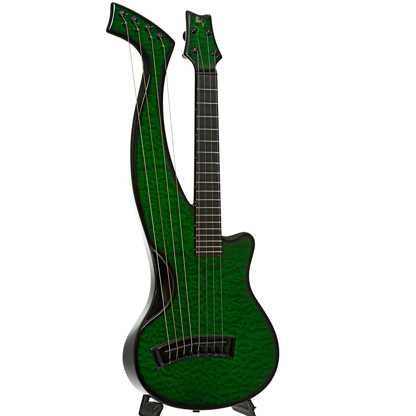 Full front and side of Emerald Synergy Harp Ukulele 