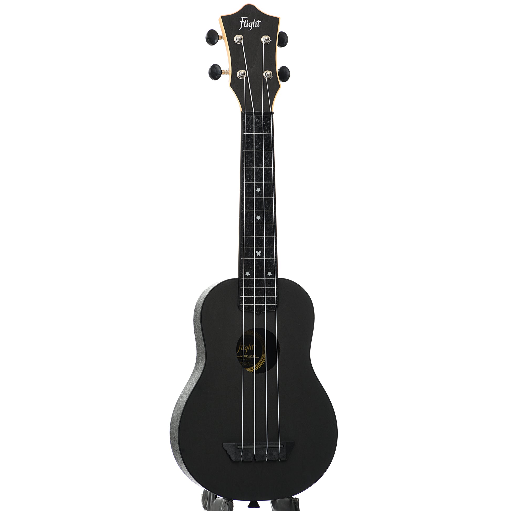 Full front and side of Flight TUS35 Travel Series Soprano Ukulele, Black