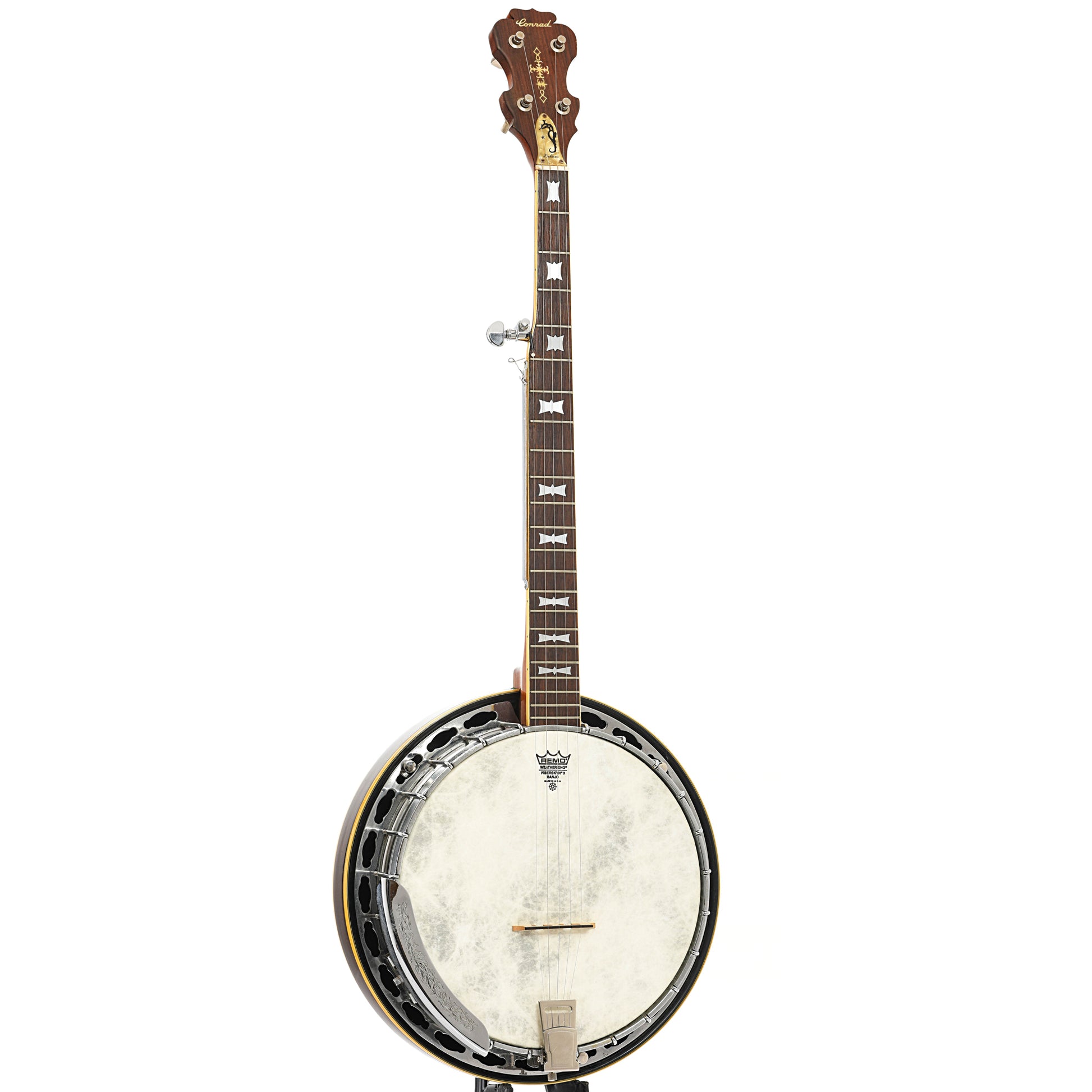 Full front and side of Conrad Resonator Banjo