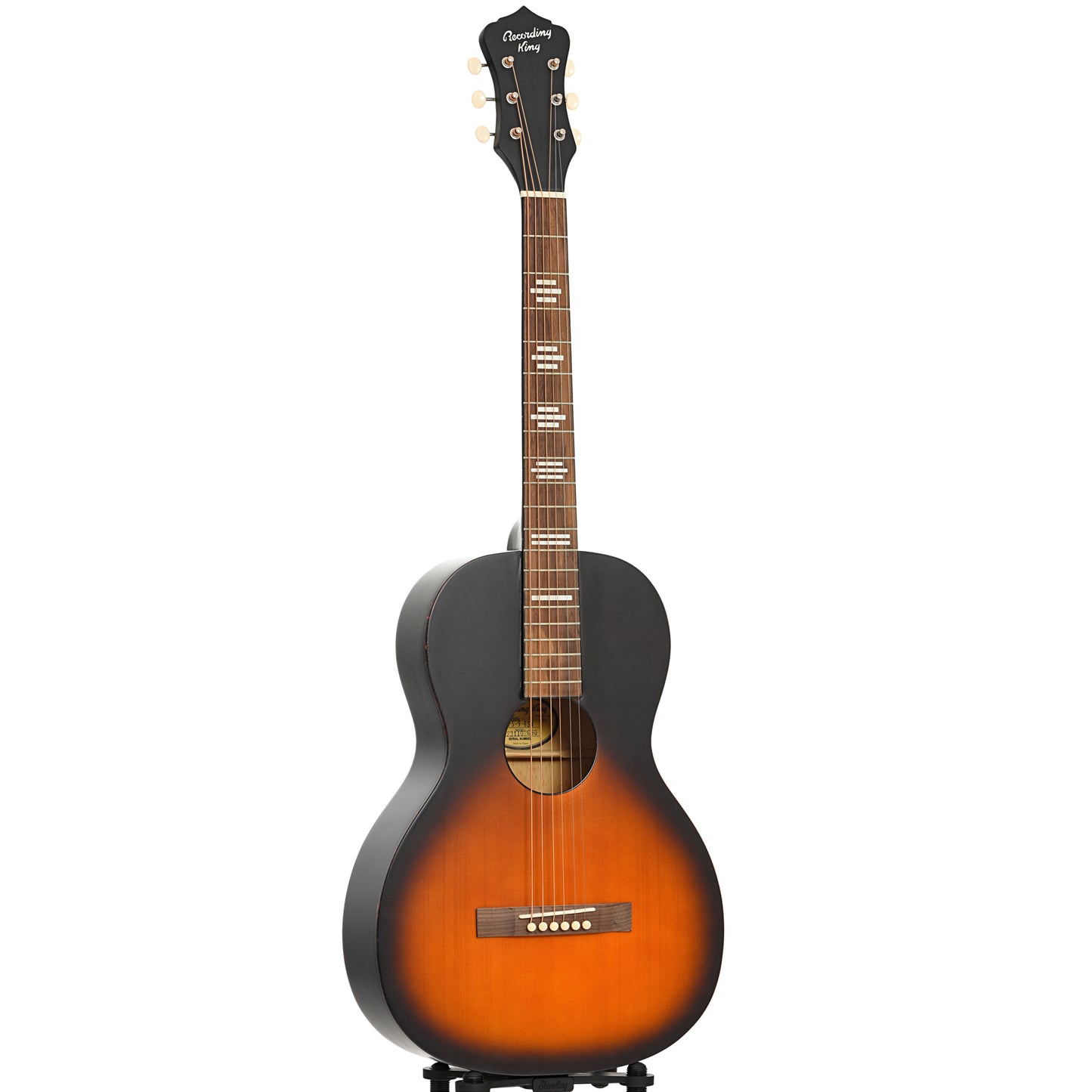 Full front and side of Recording King Dirty 30s Series 9 SE Single 0 Black Sunburst Acoustic Guitar