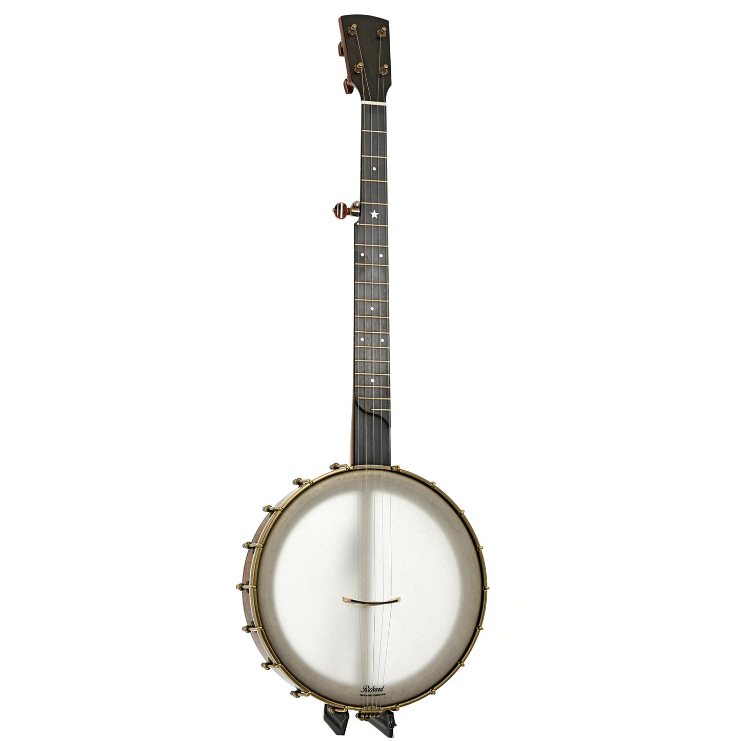 Full front and side of Rickard 12" Walnut Dobson Openback Banjo & Case with Cyclone Tuners